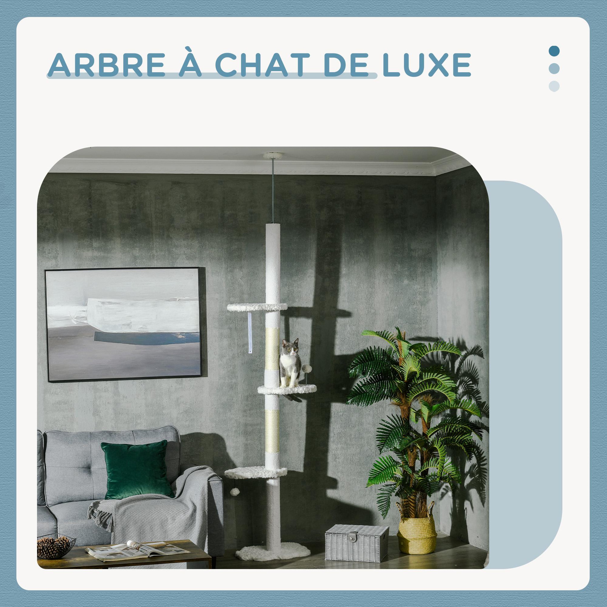 Voir la diapositive 3 : PAWHUT Arbre à chat réglable en hauteur 225-255 cm - tour pour chat 3 griffoirs nuages, 2 balles - blanc