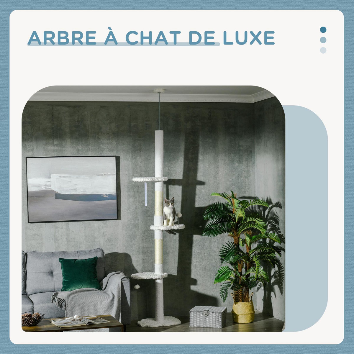 PAWHUT Arbre à chat réglable en hauteur 225-255 cm - tour pour chat 3 griffoirs nuages, 2 balles - blanc
