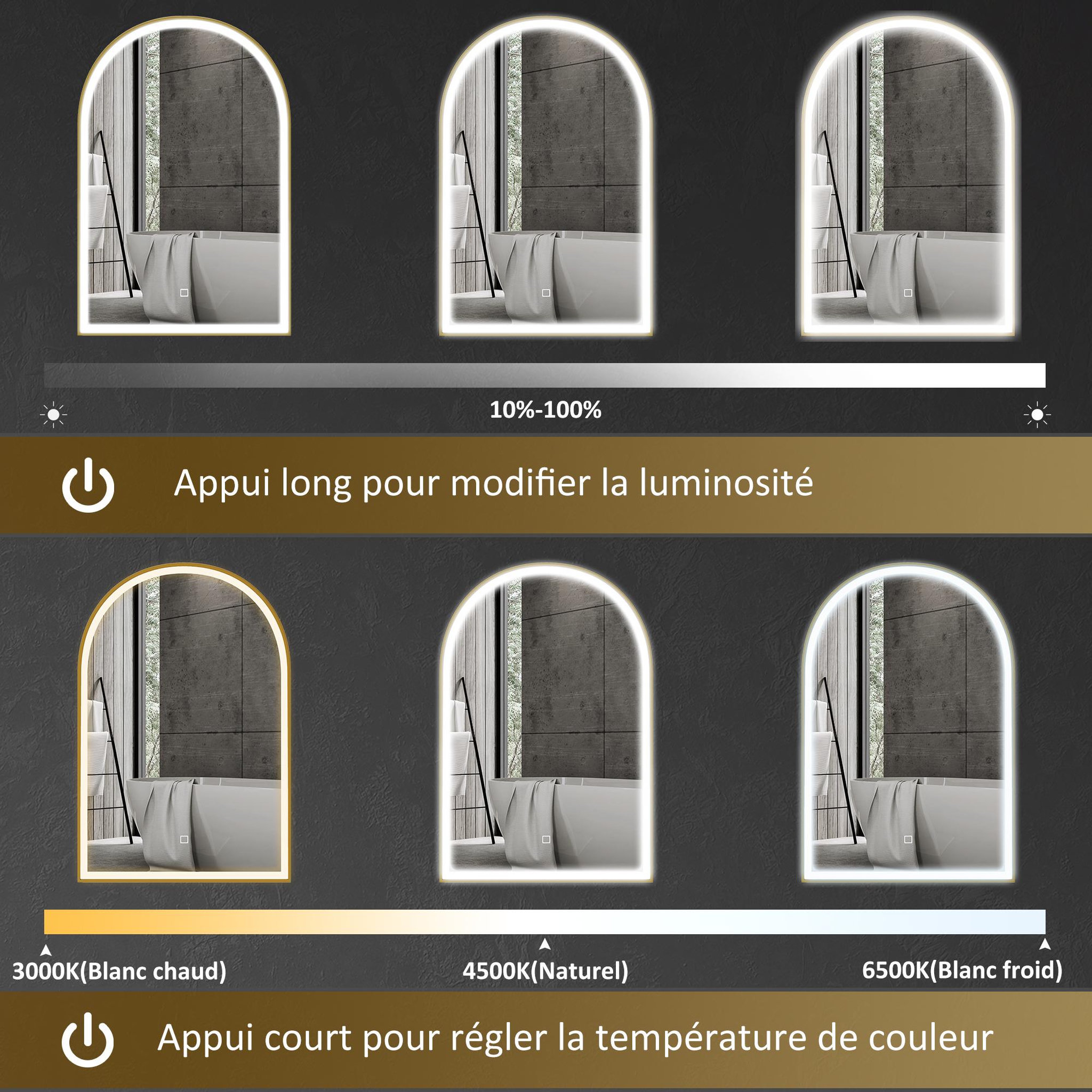 Voir la diapositive 4 : HOMCOM Miroir lumineux led arqué de salle de bain 90 x 60 cm - tactile, réglable, anti-buée - alu doré