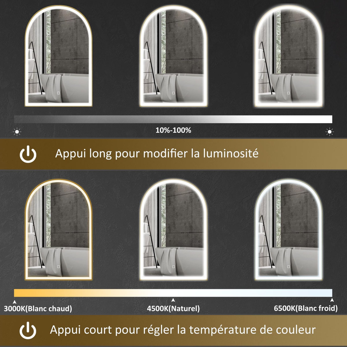 HOMCOM Miroir lumineux LED arqué de salle de bain 90 x 60 cm - tactile, réglable, anti-buée - alu doré
