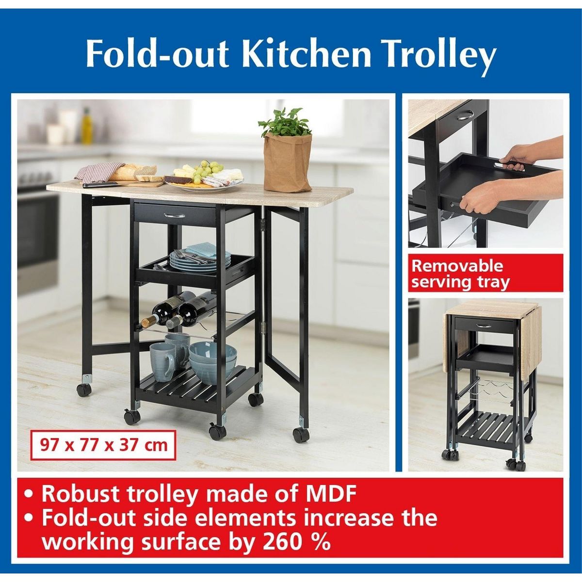 Wenko Desserte de cuisine dépliante 6 roulettes - Noir