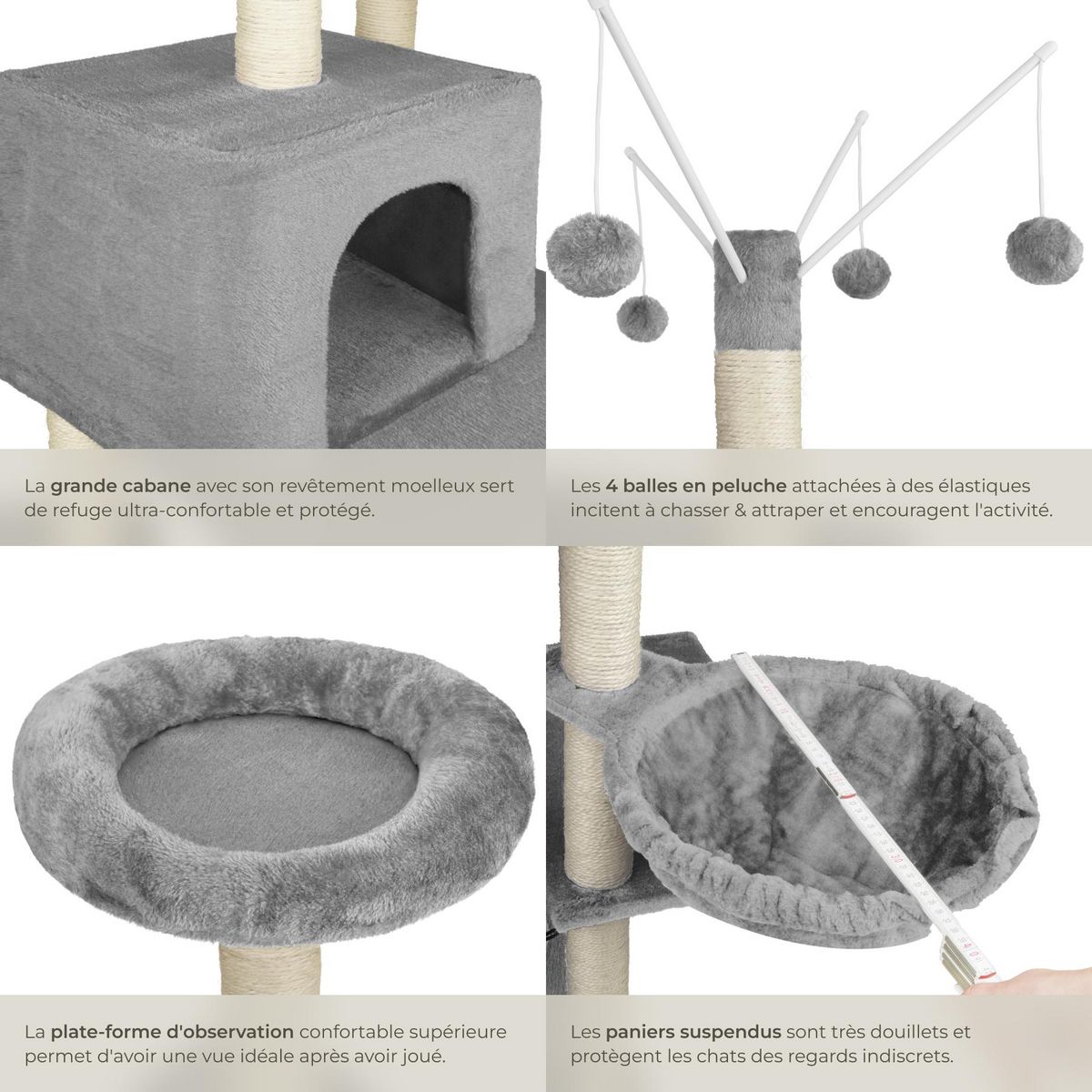 tectake Arbre à chat 165 cm avec griffoir et plateforme d'escalade gris