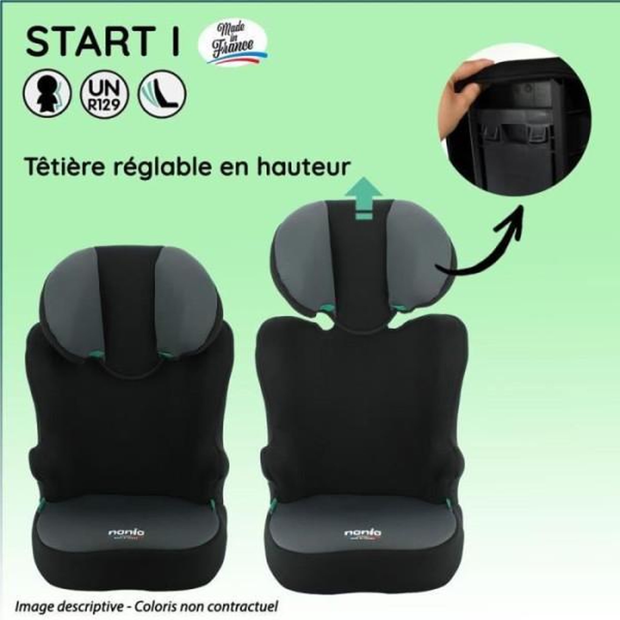 Voir la diapositive 4 : NANIA Siege Auto Rehausseur ceinturé NANIA START I 106-140 cm R129 –de 5 a 10 ans – Tetiere réglable – Base inclinable – Rouge -Fabrica