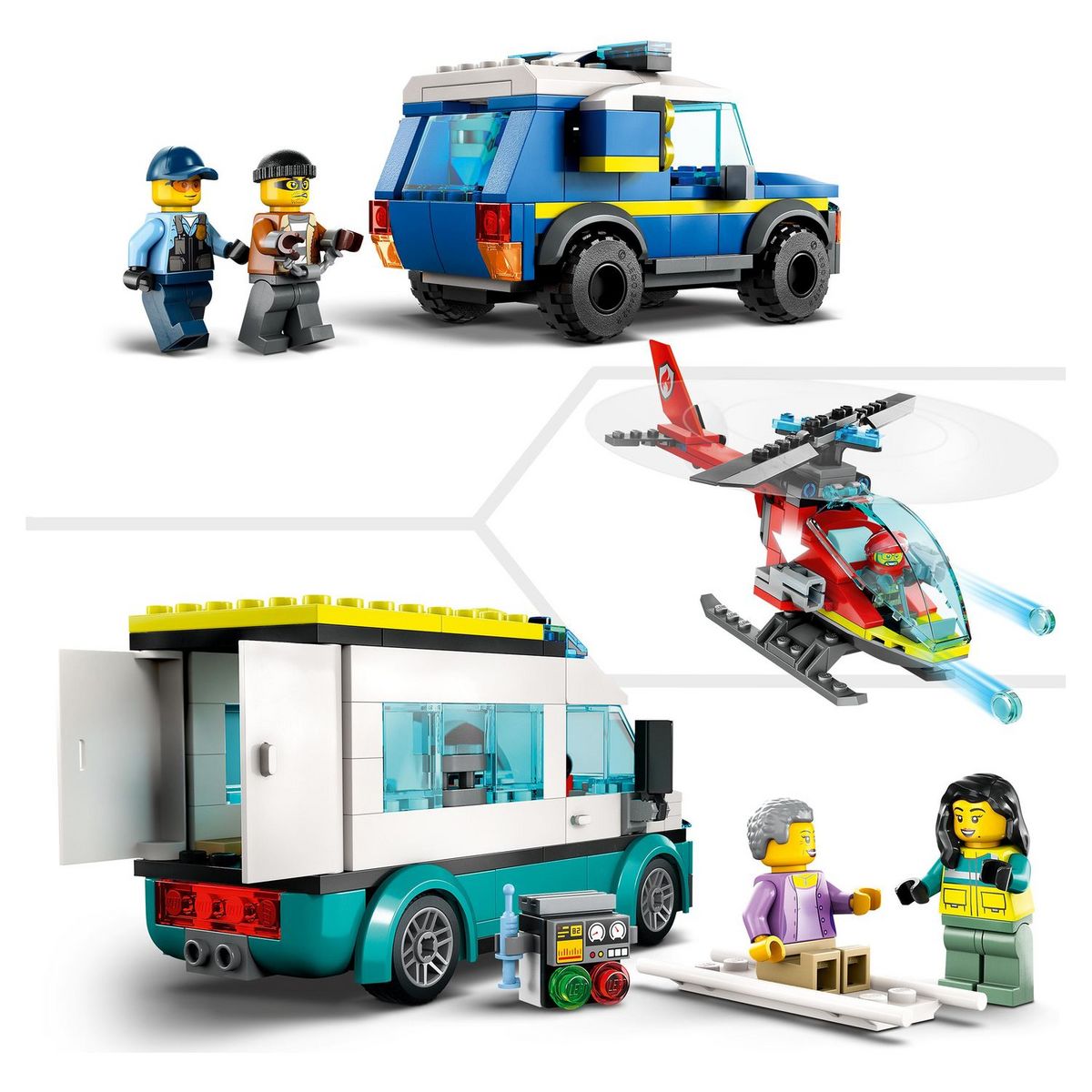 LEGO City 60371 Le QG des véhicules d'urgences, avec Hélicoptère de Pompier, Jouet Camion Ambulance, Moto et Voiture de Police