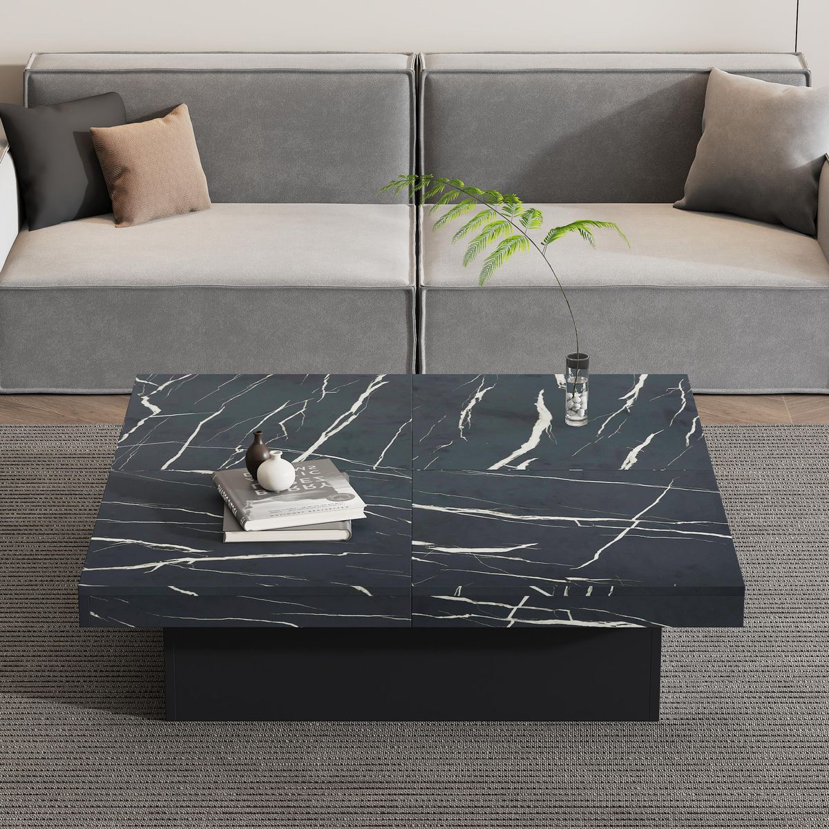 MERAX Table Basse Avec 4 Compartiments En Carré 90 X 90 X 25 Cm Noir