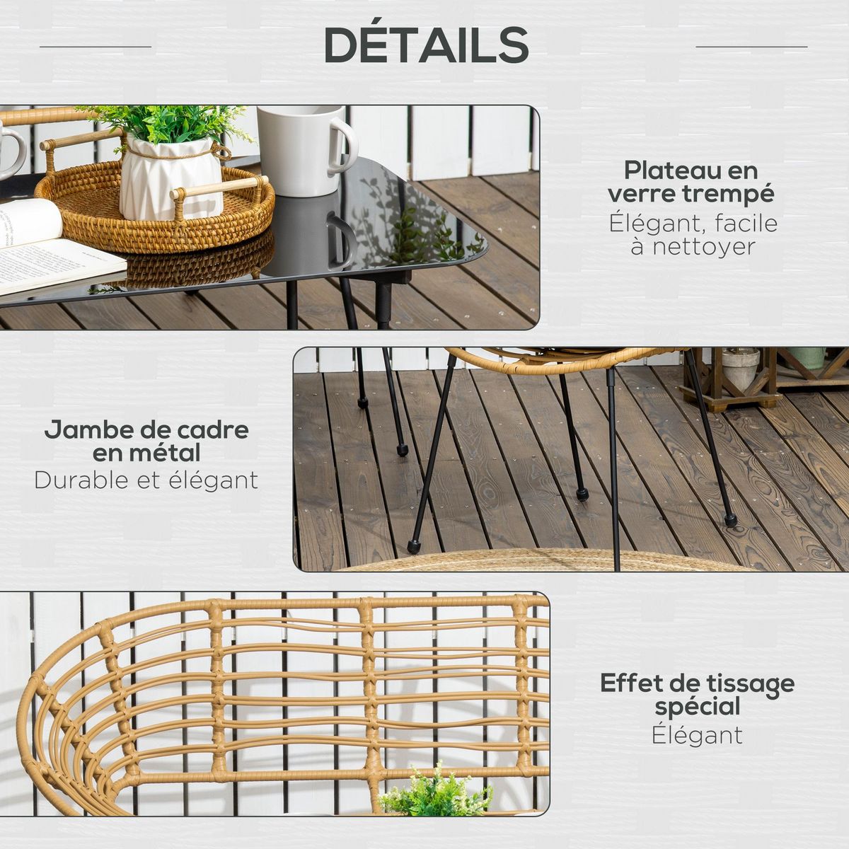 OUTSUNNY Salon de jardin 4 places 4 pièces style exotique table basse coussins noirs fournis résine tressée aspect rotin