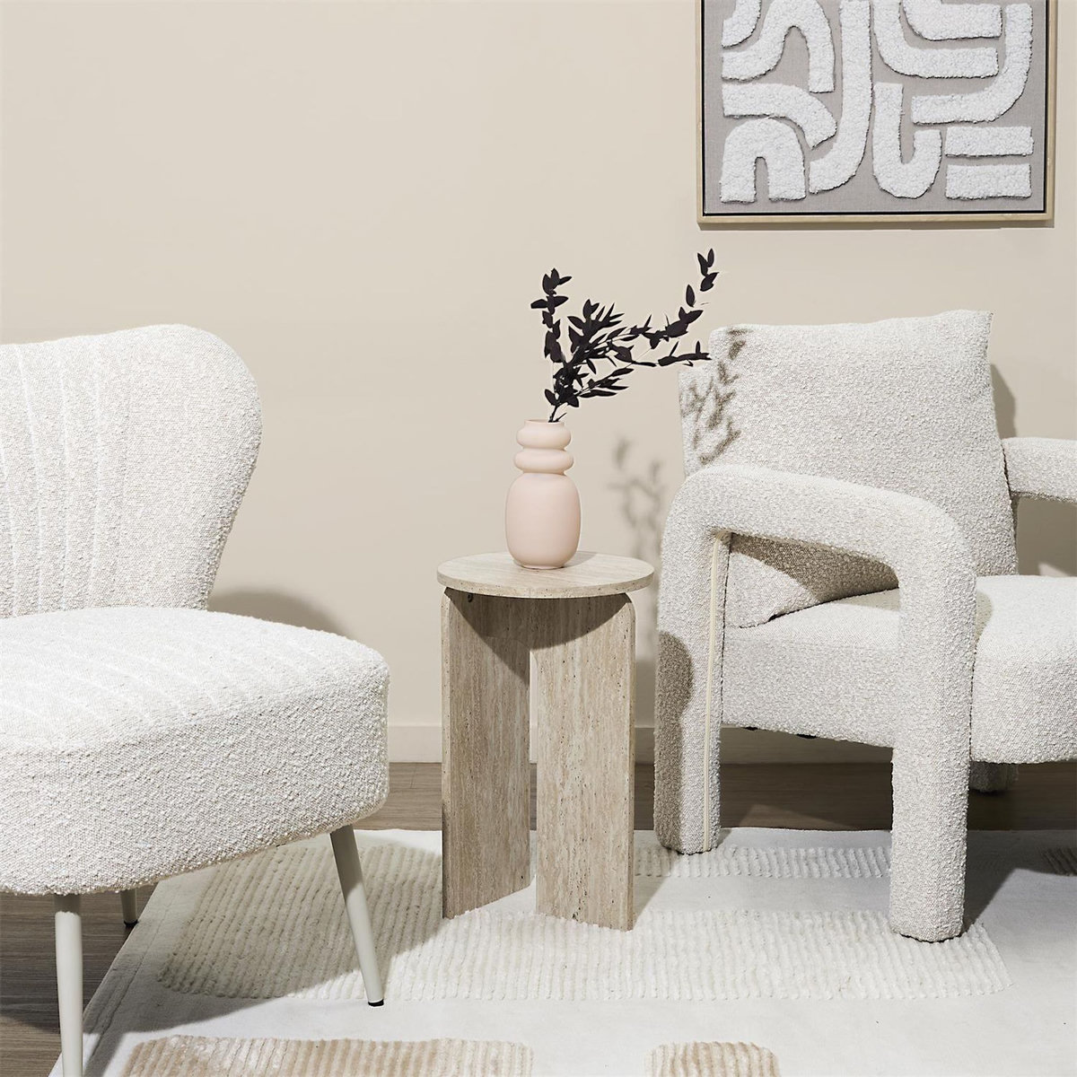 The Home Deco Factory Table d'appoint ronde effet travertin PIETRA - D.30 cm - Beige