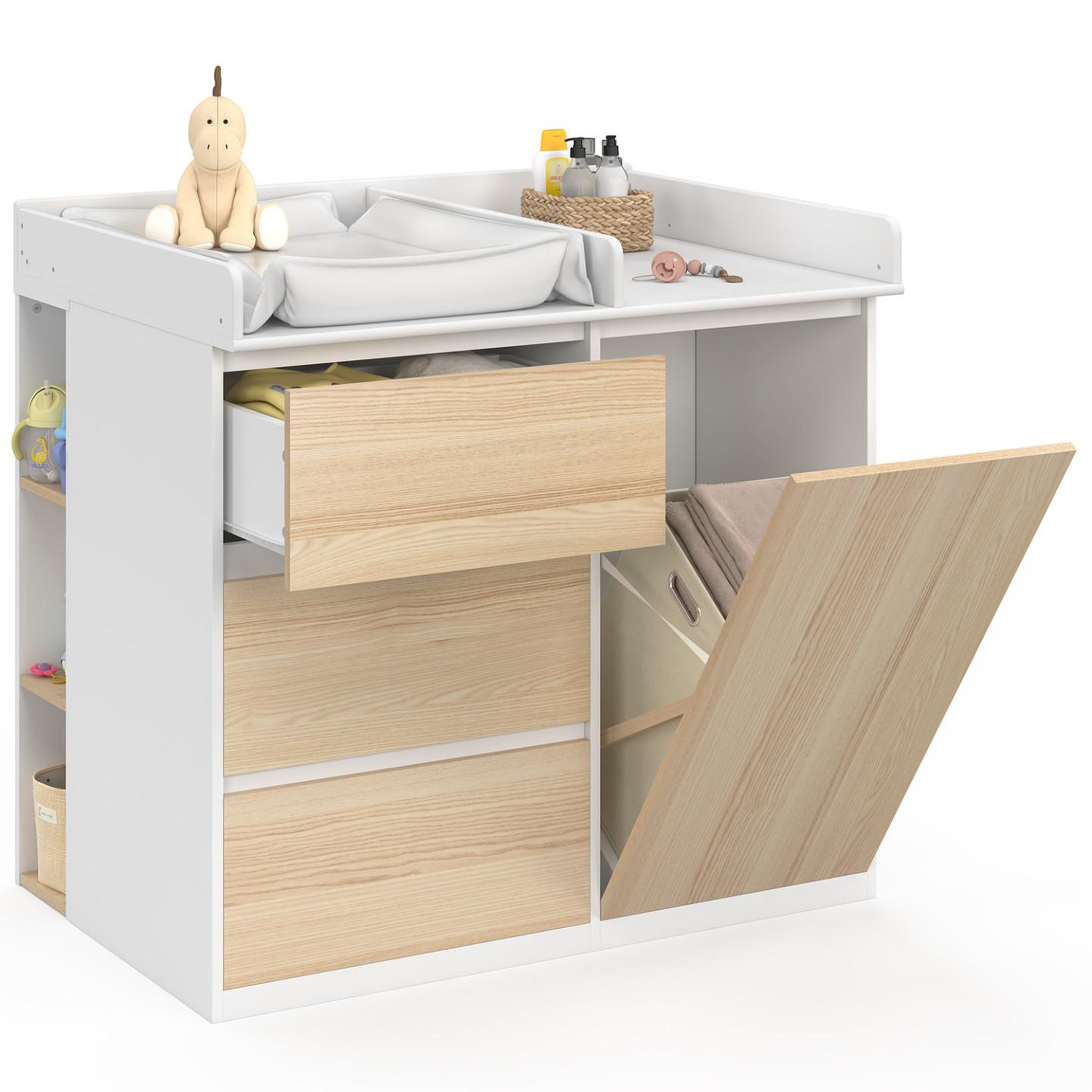 Voir la diapositive 6 : ID MARKET Commode à langer évolutive ambre façon hêtre et blanc 3 tiroirs, 1 panier à linge, table à langer et 2 étagères amovibles