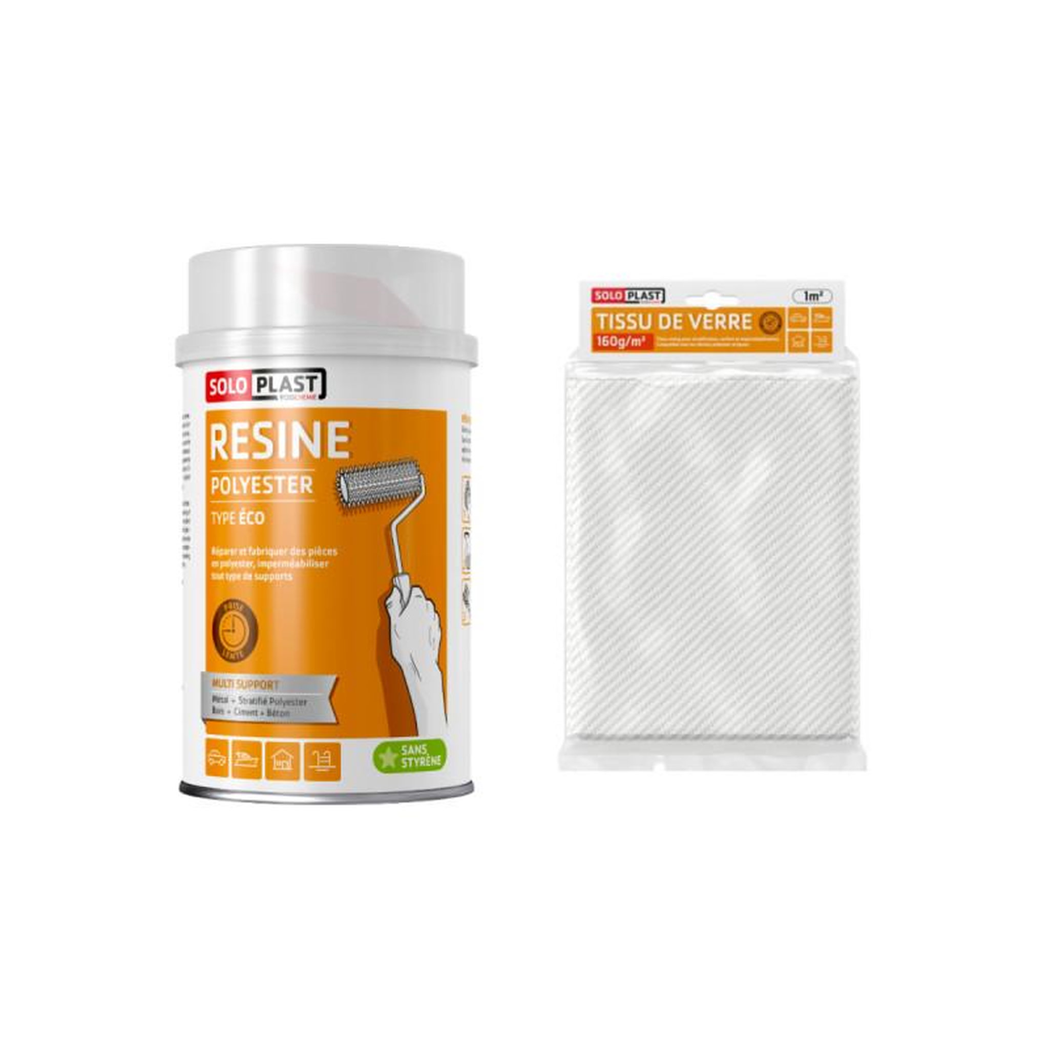 Voir la diapositive 1 : Soloplast Pack résine polyester type Eco Soloplast 1 Kg - Tissu de verre Soloplast Roving 160g m2