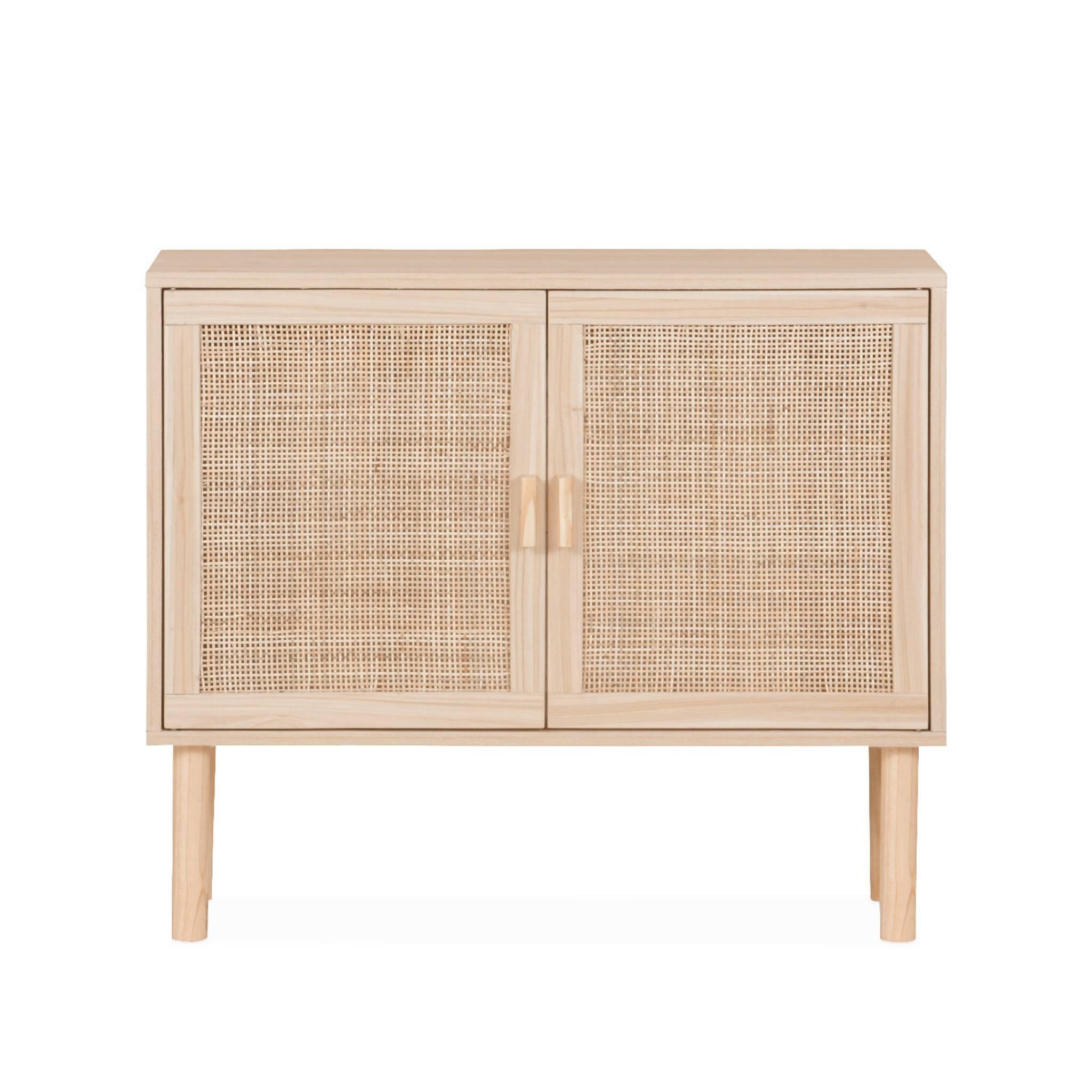 Voir la diapositive 4 : SWEEEK Buffet en décor bois et cannage - Camargue - 2 portes. buffet bas. 80x30x68cm