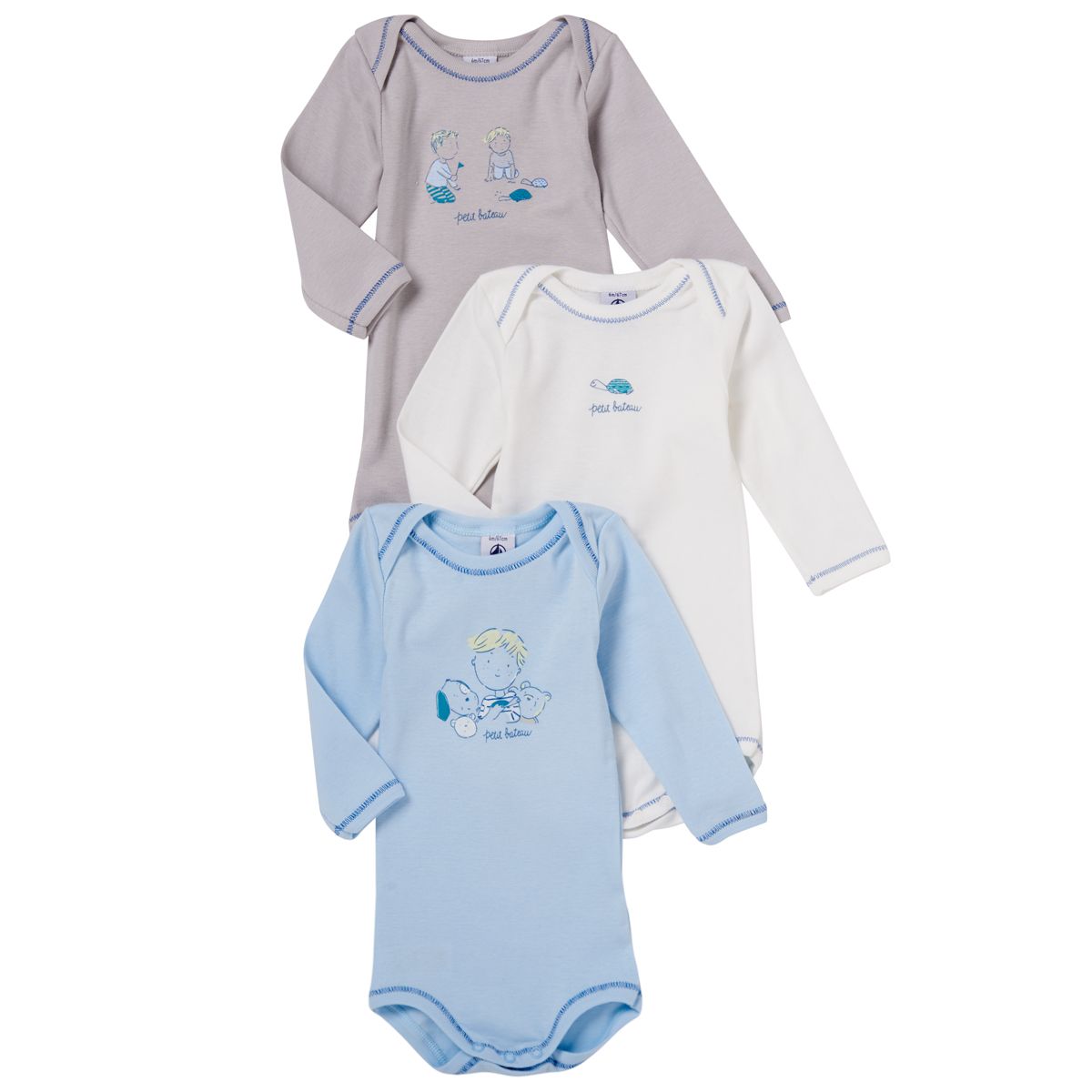 PETIT BATEAU Lot de 3 bodies manches longues bébé garçon