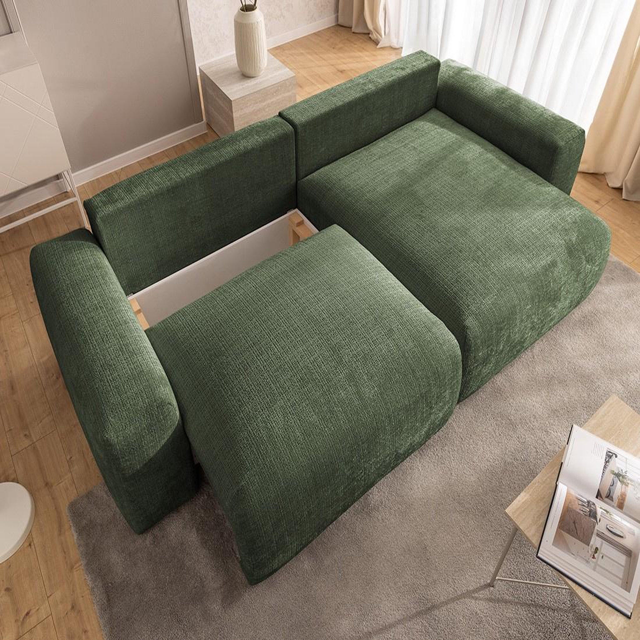 Voir la diapositive 2 : BEST MOBILIER Constance - canapé d'angle réversible 4 places convertible avec coffre en velours texturé
