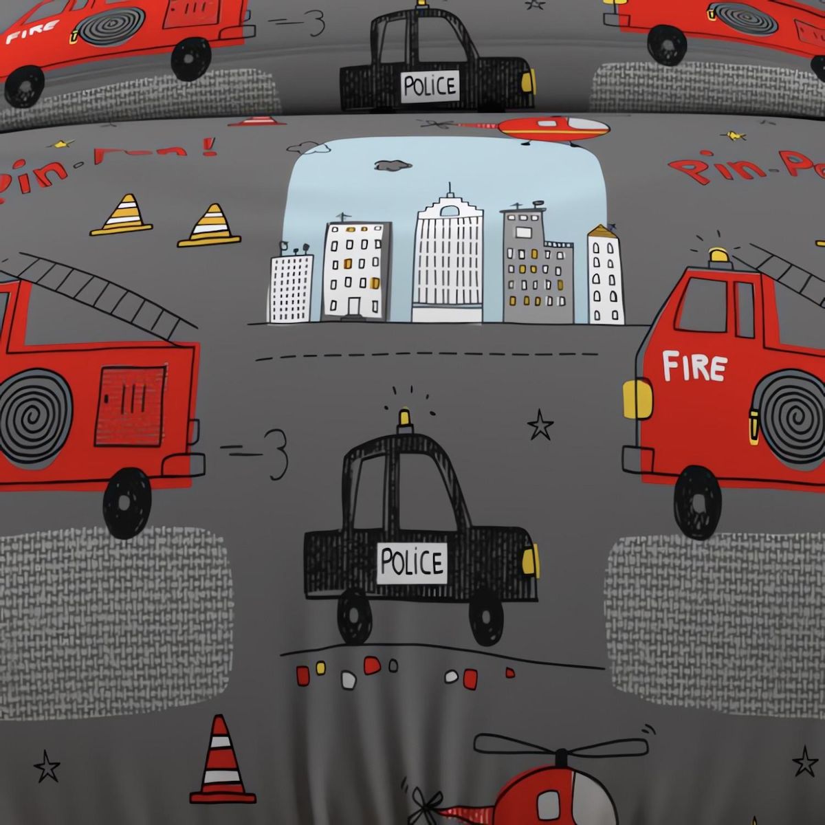 SOLEIL D'OCRE Parure housse de couette 120x150 cm POMPIERS gris, 100% coton 57 fils/cm2, par Soleil d'Ocre