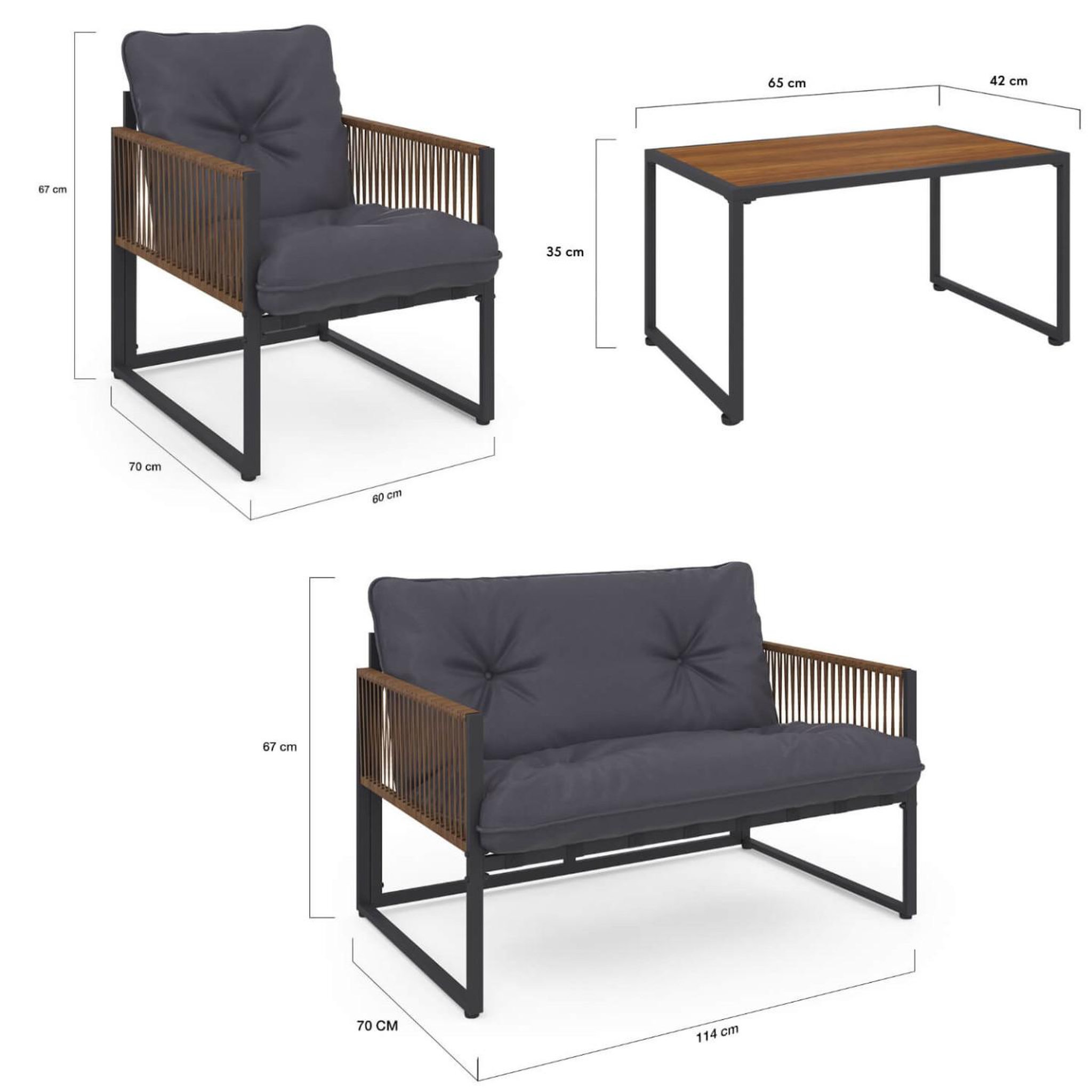 Voir la diapositive 6 : ID MARKET Salon de jardin bas rio 4 places structure métal gris anthracite, cordage effet rotin avec coussin gris