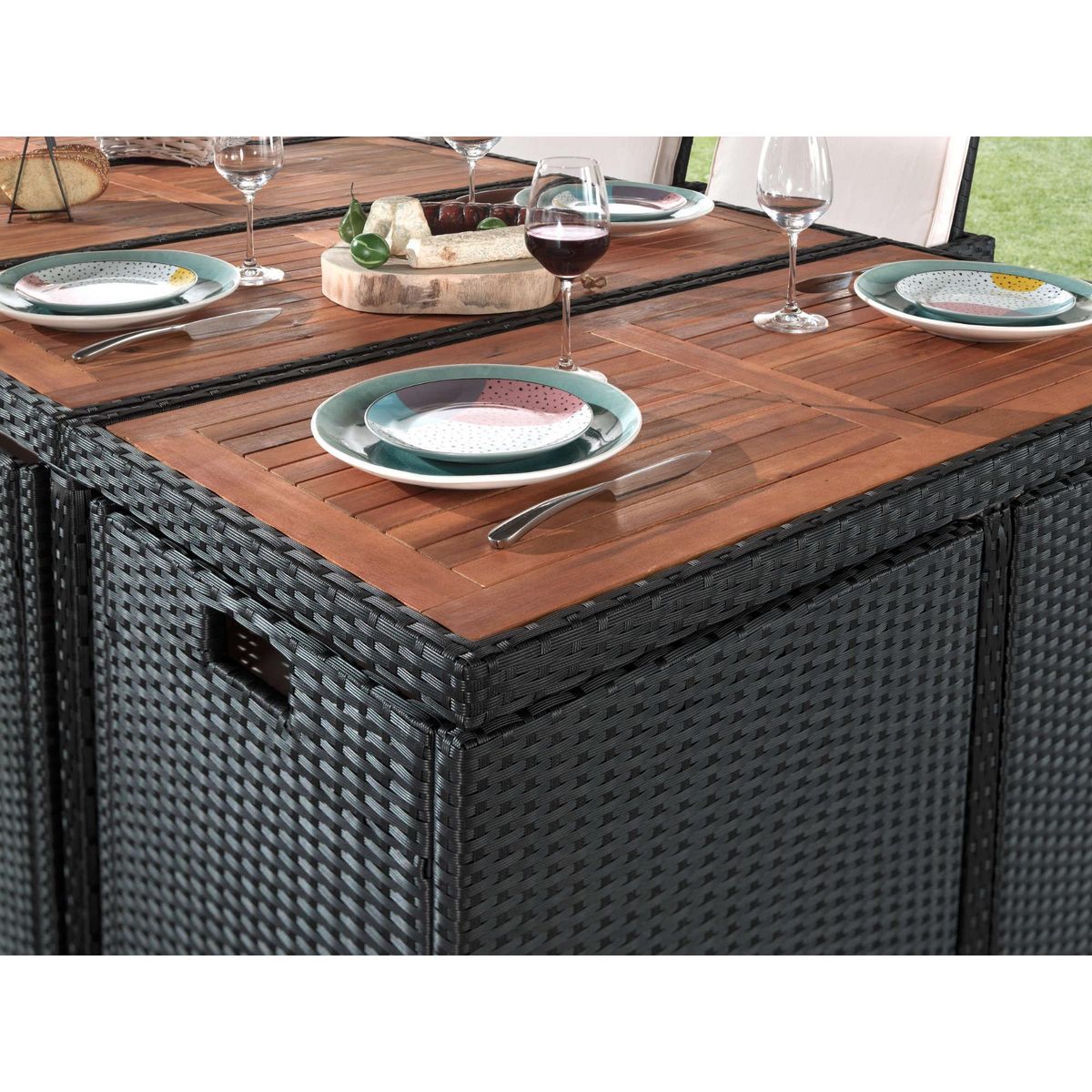 BEST MOBILIER Cuba - salon de jardin encastrable 10 places - en résine tressée - noir avec coussins gris + housse de protection