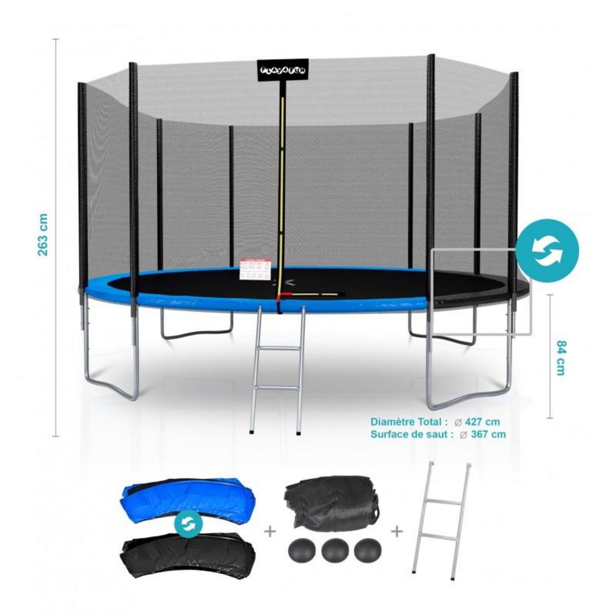 PLAY4FUN Trampoline de Jardin Deluxe 14FT ø427cm Réversible Bleu / Noir - Pack trampo Extérieur avec Echelle, Filet de sécurité