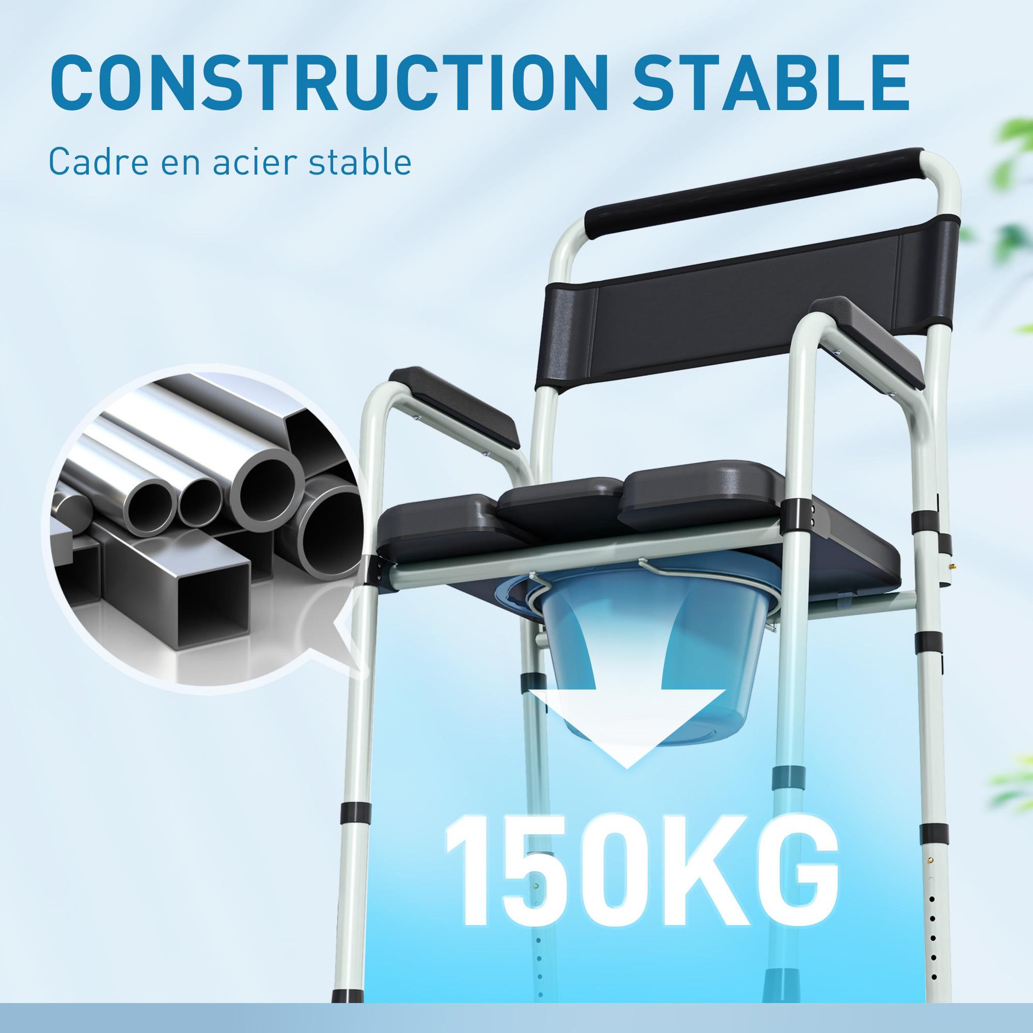 Voir la diapositive 5 : HOMCOM Chaise percée toilette pliable hauteur réglable - seau amovible - siège, accoudoirs rembourrés - max. 150 Kg - acier gris noir