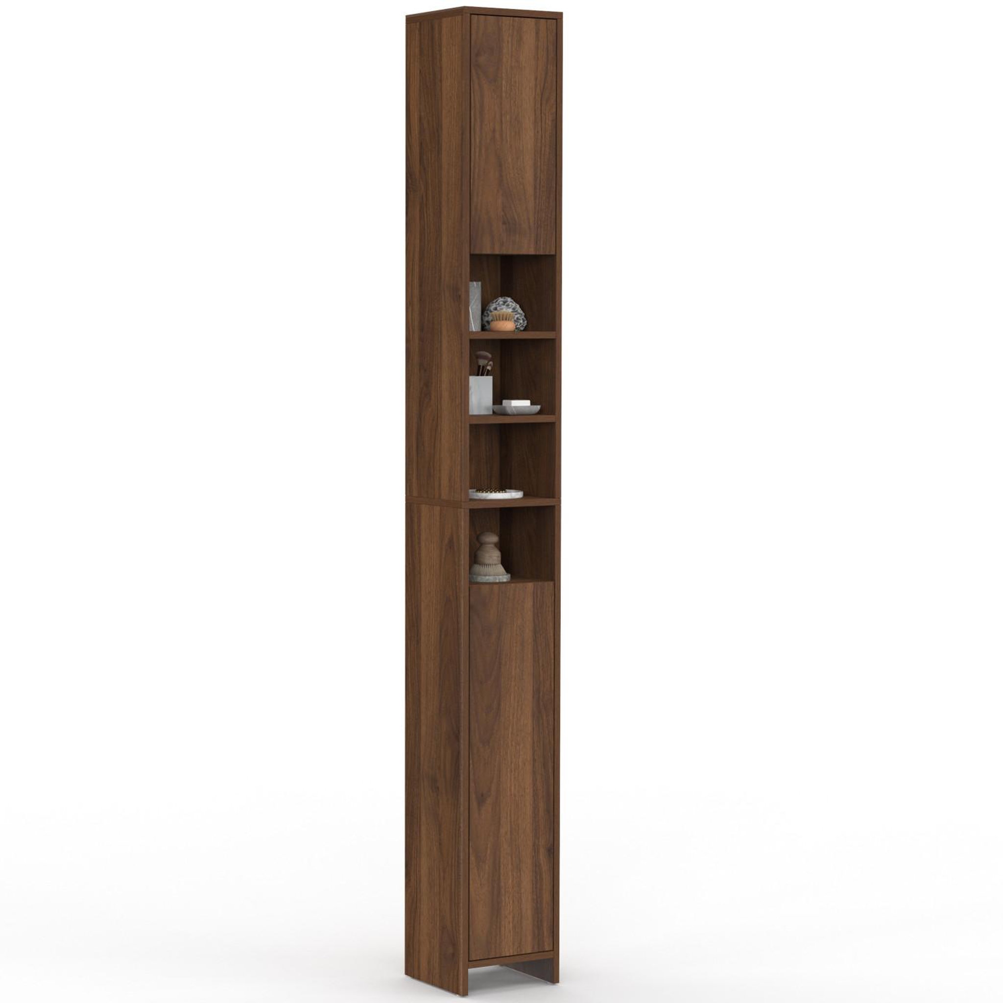 ID MARKET Meuble colonne salle de bain tomi 2 portes 4 niches effet noyer