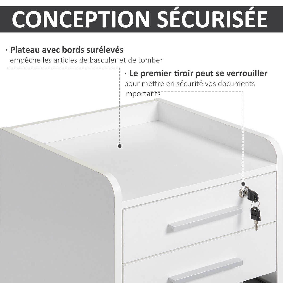 HOMCOM HOMCOM Caisson de bureau rangement bureau sur roulettes 3 tiroirs 1 verrouillable 1 trieur dossiers MDF panneaux particules blanc