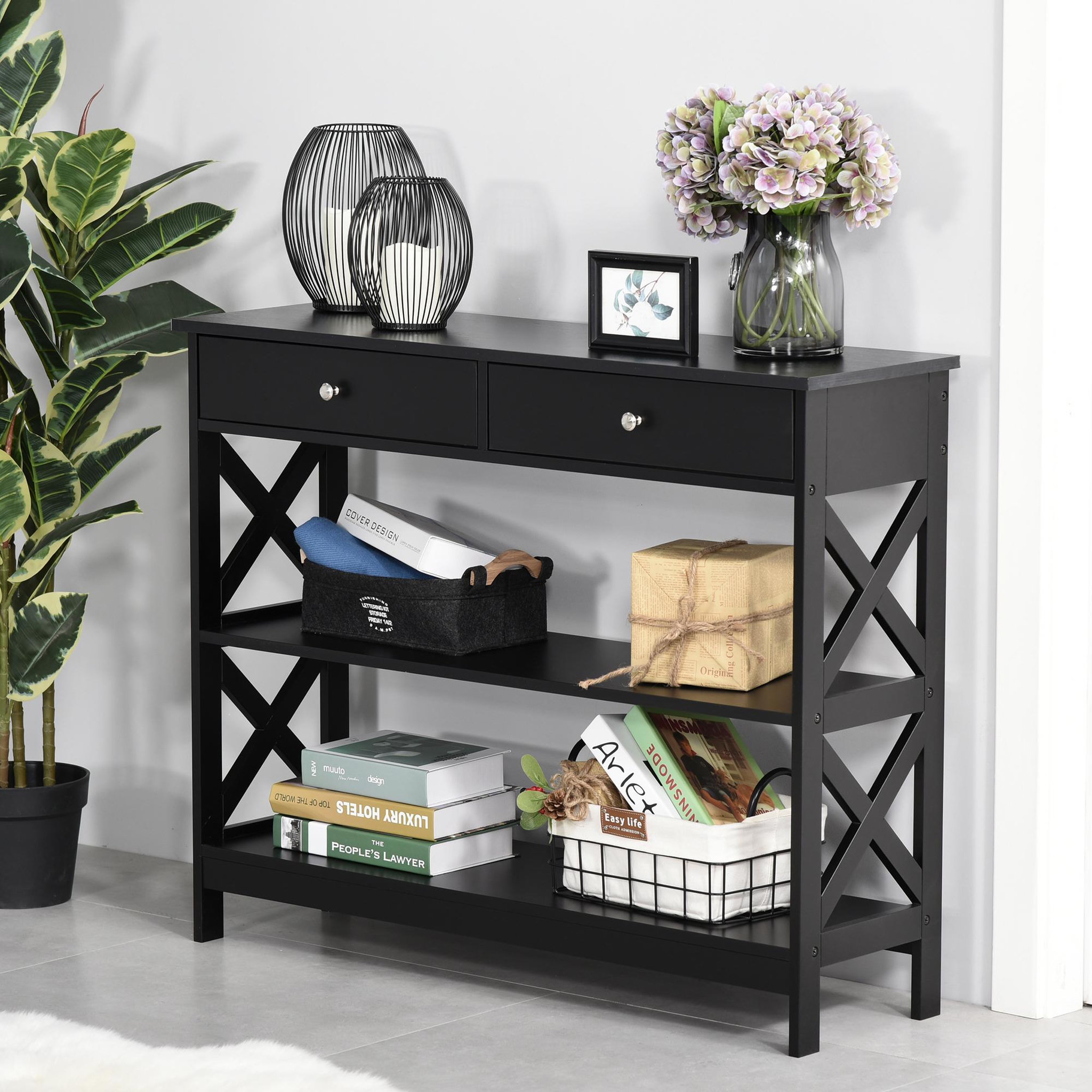 Voir la diapositive 4 : HOMCOM Console style table de drapier néo-rétro 2 tiroirs 2 étagères dim. 100L x 30l x 80H cm MDF noir