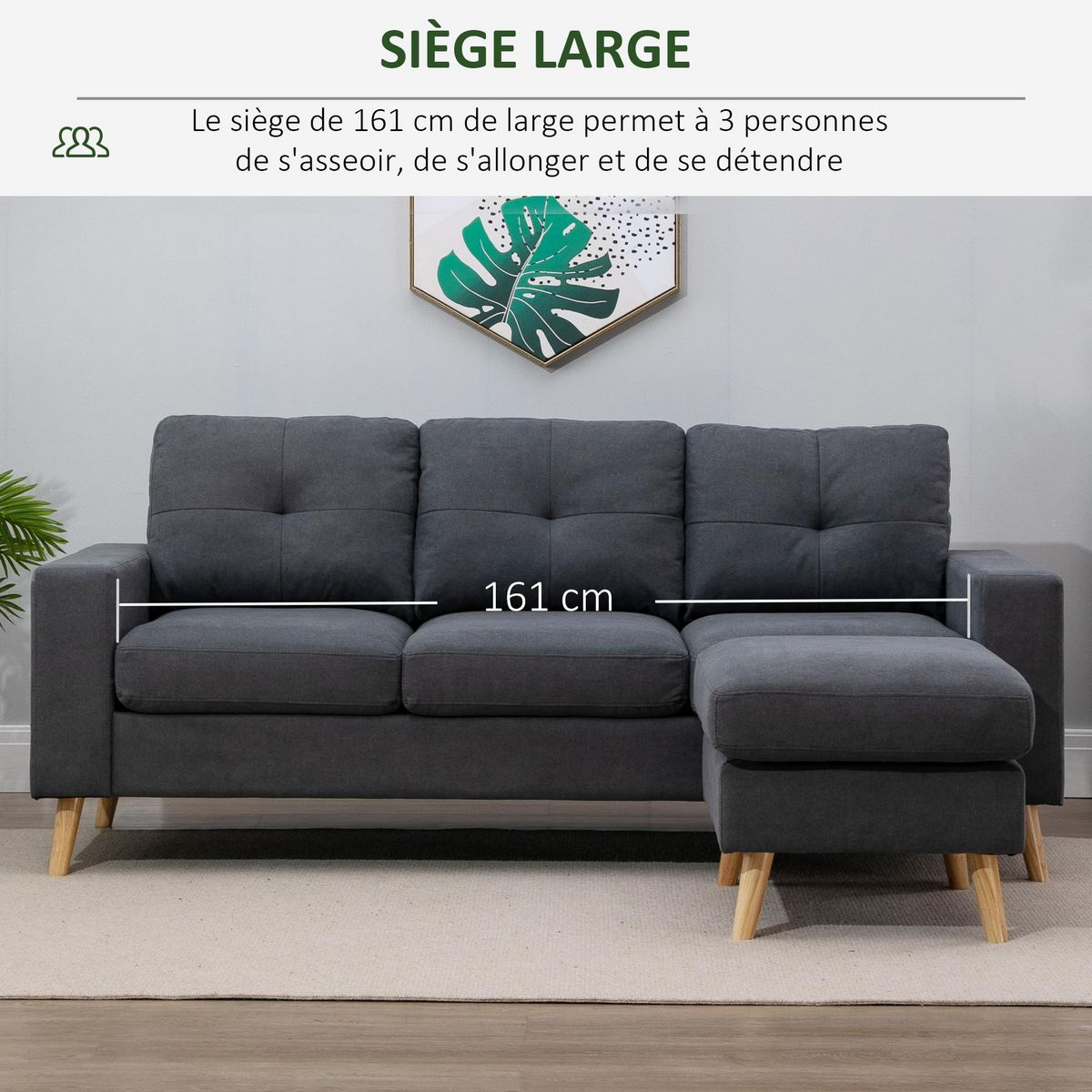 HOMCOM Canapé d'angle 3 places design scandinave - dossier effet capitonné, repose-pied amovible - piètement bois tissu anthracite