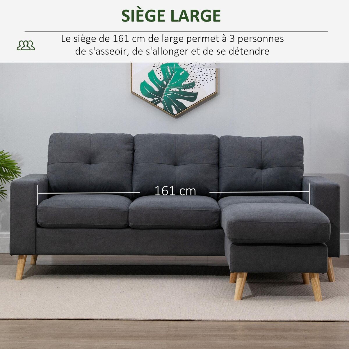 HOMCOM Canapé d'angle 3 places design scandinave - dossier effet capitonné, repose-pied amovible - piètement bois tissu anthracite