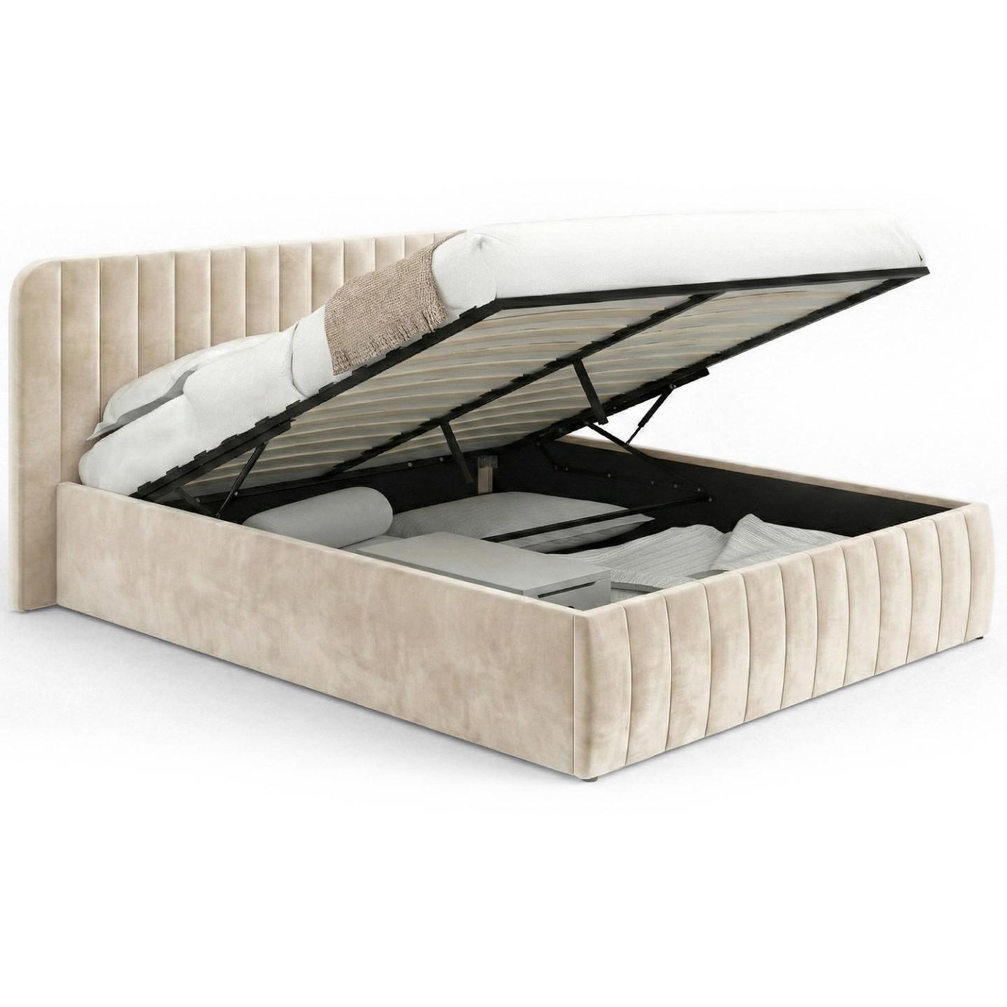 ID MARKET Lit coffre double alba avec tête de lit et sommier 140 x 190 cm velours beige