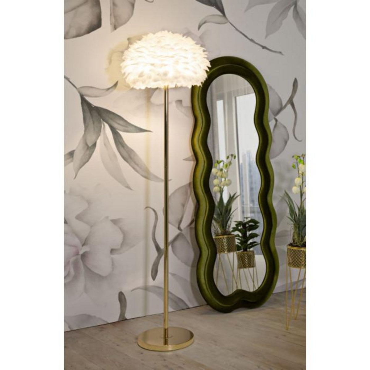 Paris Prix Lampadaire Imitation Plume  Slim  170cm Or & Blanc