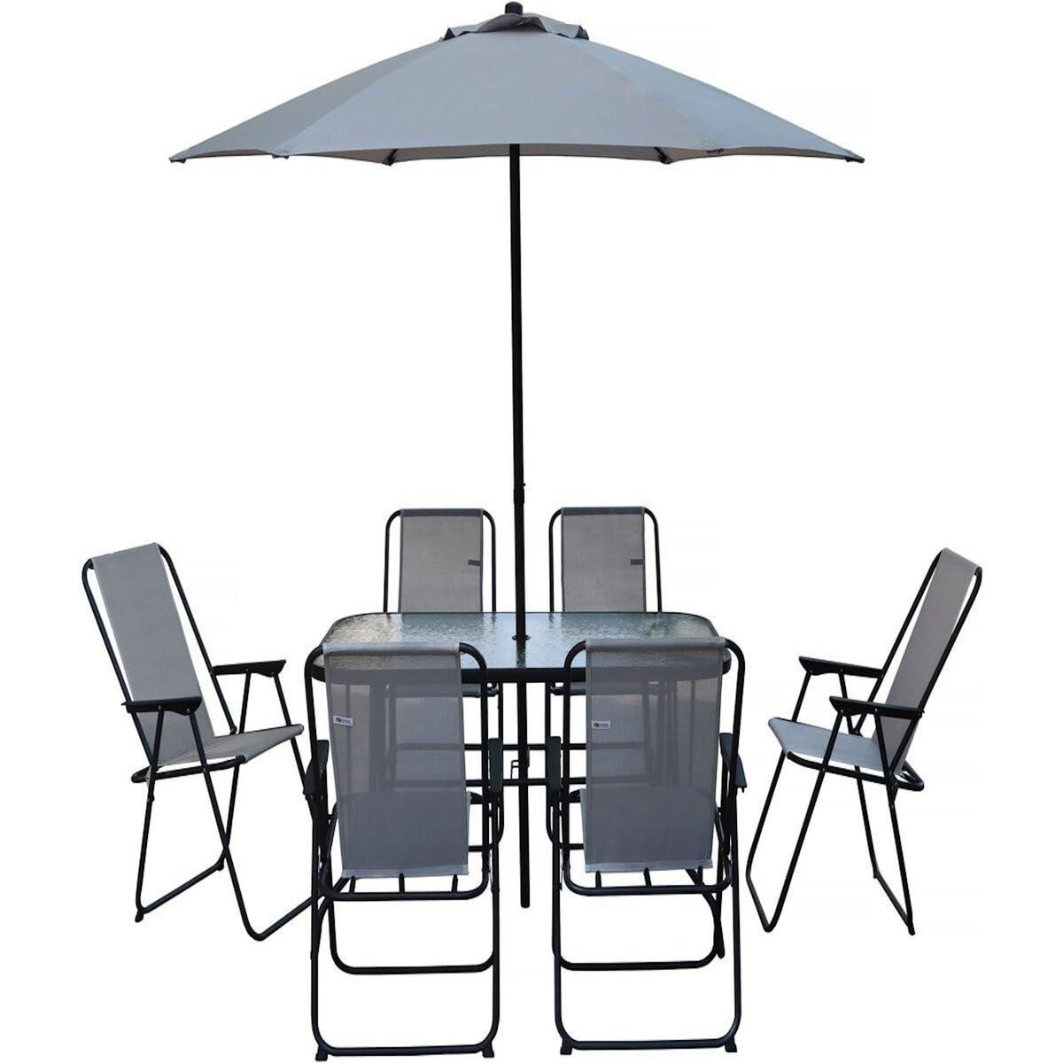 Habitat et Jardin Table et chaises de jardin avec parasol en métal  Convivia  - 6 places - Gris clair