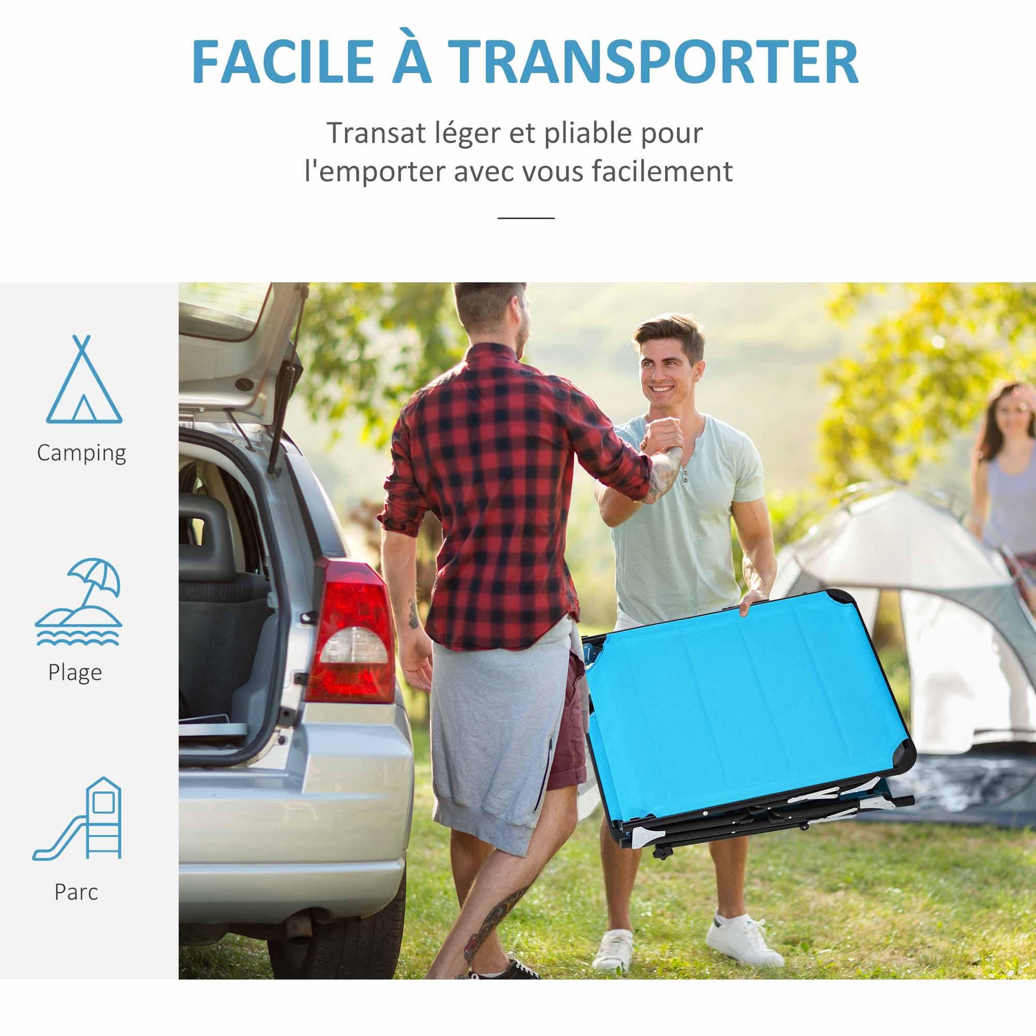 Voir la diapositive 6 : OUTSUNNY Bain de soleil transat pliable grand confort dossier pare-soleil réglables multi-positions alu. textilène bleu