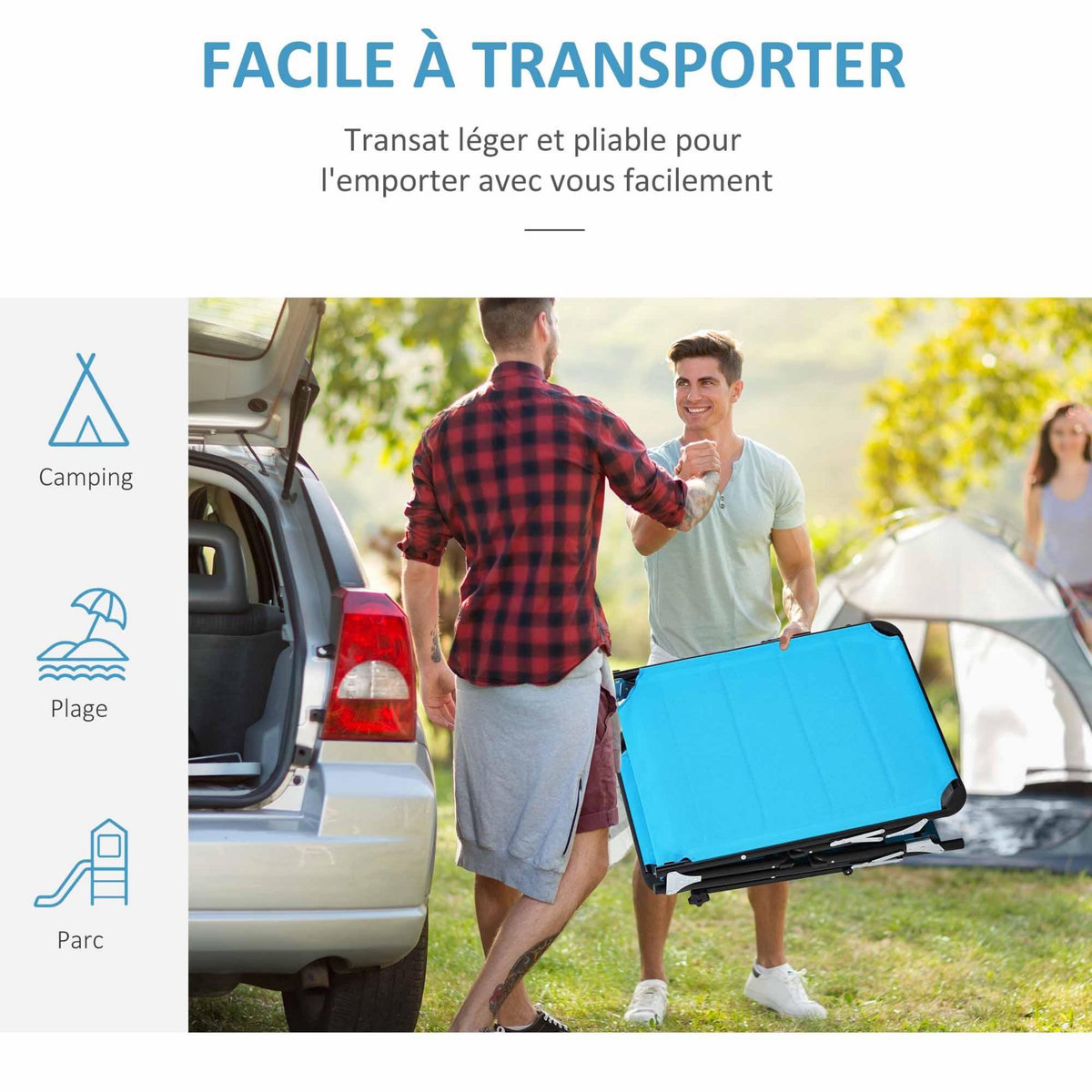 OUTSUNNY Bain de soleil transat pliable grand confort dossier pare-soleil réglables multi-positions alu. textilène bleu