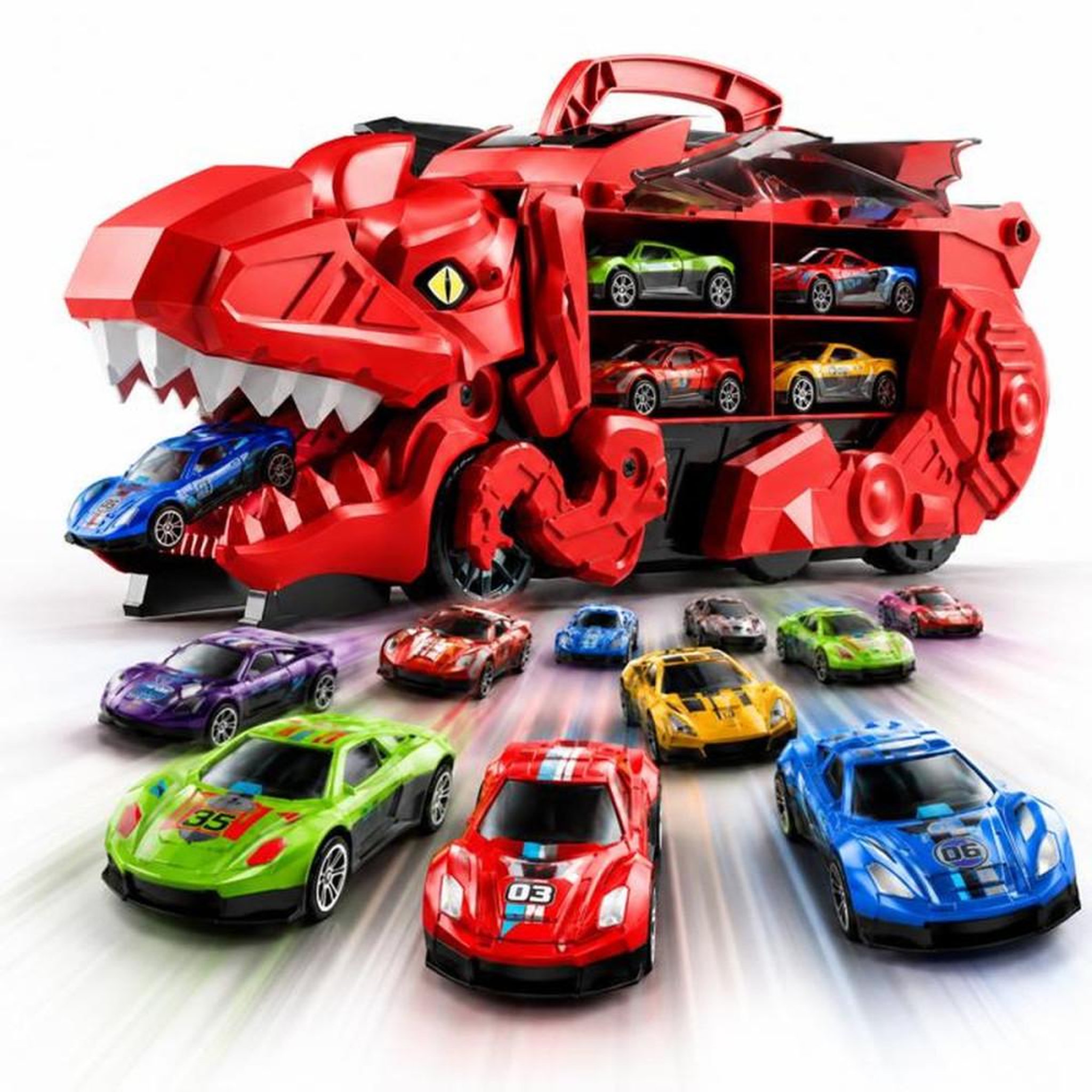 Porte-voitures dinosaure pliable, garage à 2 niveaux rouge et 10 voitures moulées sous pression