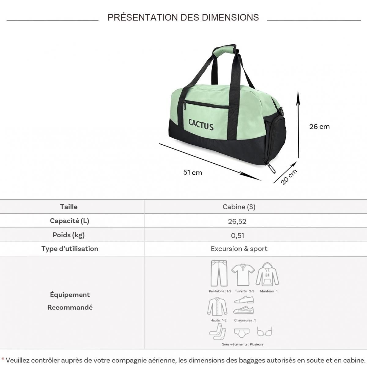 Cactus Sac de voyage week-end 26L et sport sans roulettes