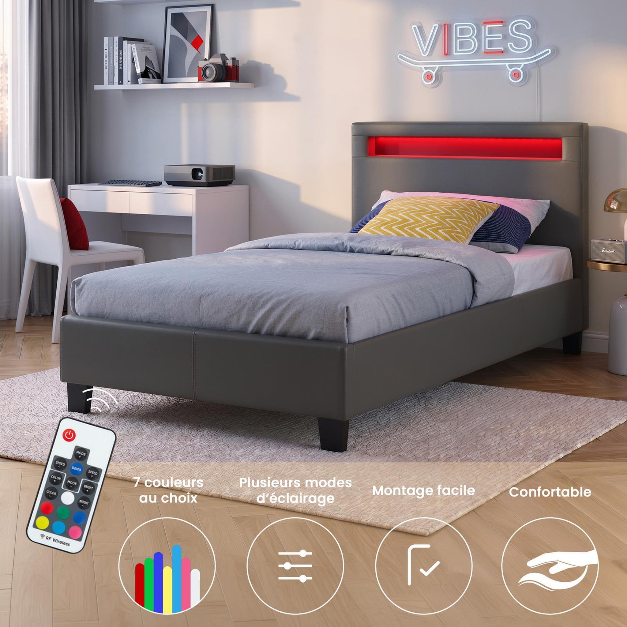 Voir la diapositive 3 : IDIMEX Lit LED simple LUCENO 90x190 cm, avec sommier, revêtement synthétique