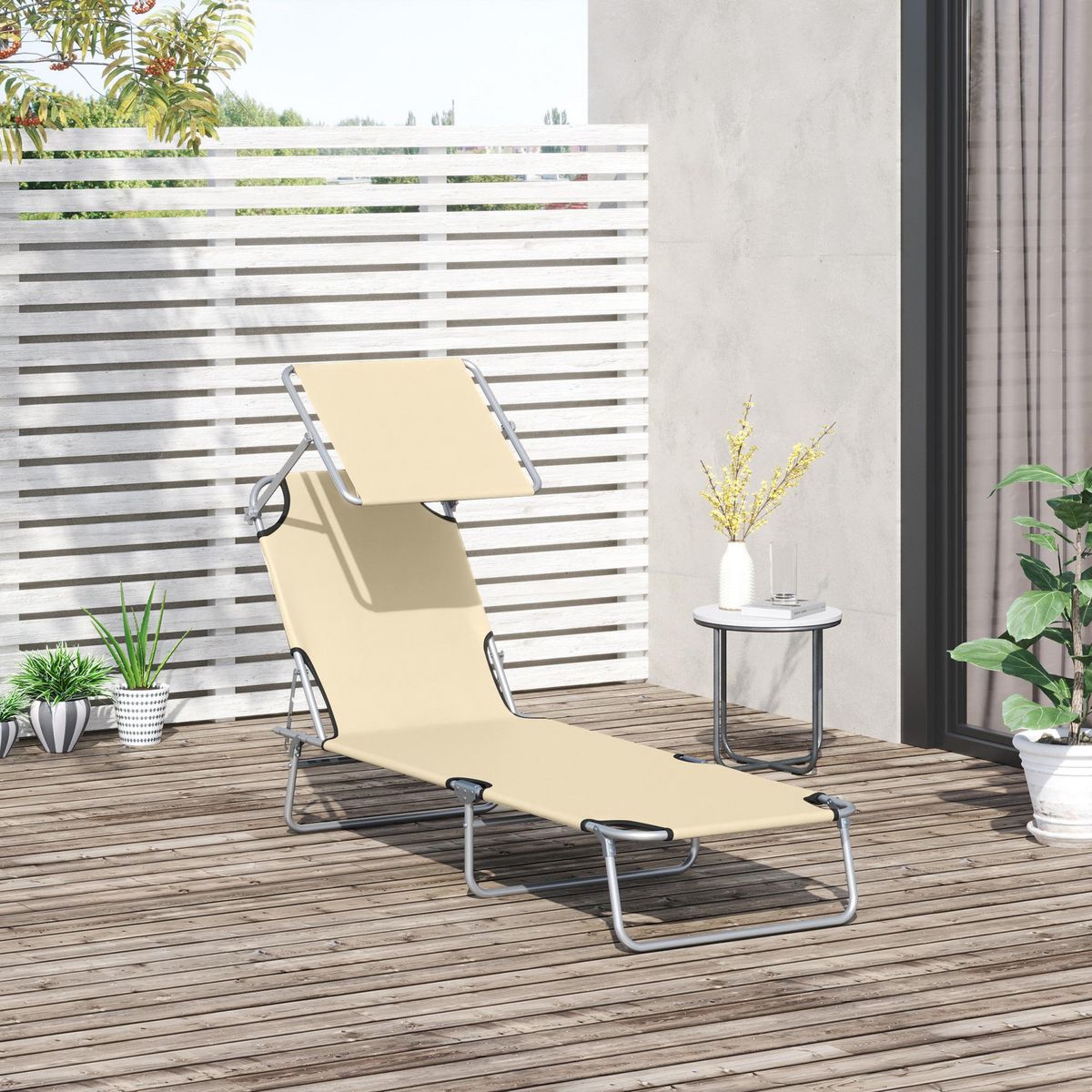 OUTSUNNY Transat bain de soleil pliable grand confort dossier et pare-soleil réglable multi-positions beige