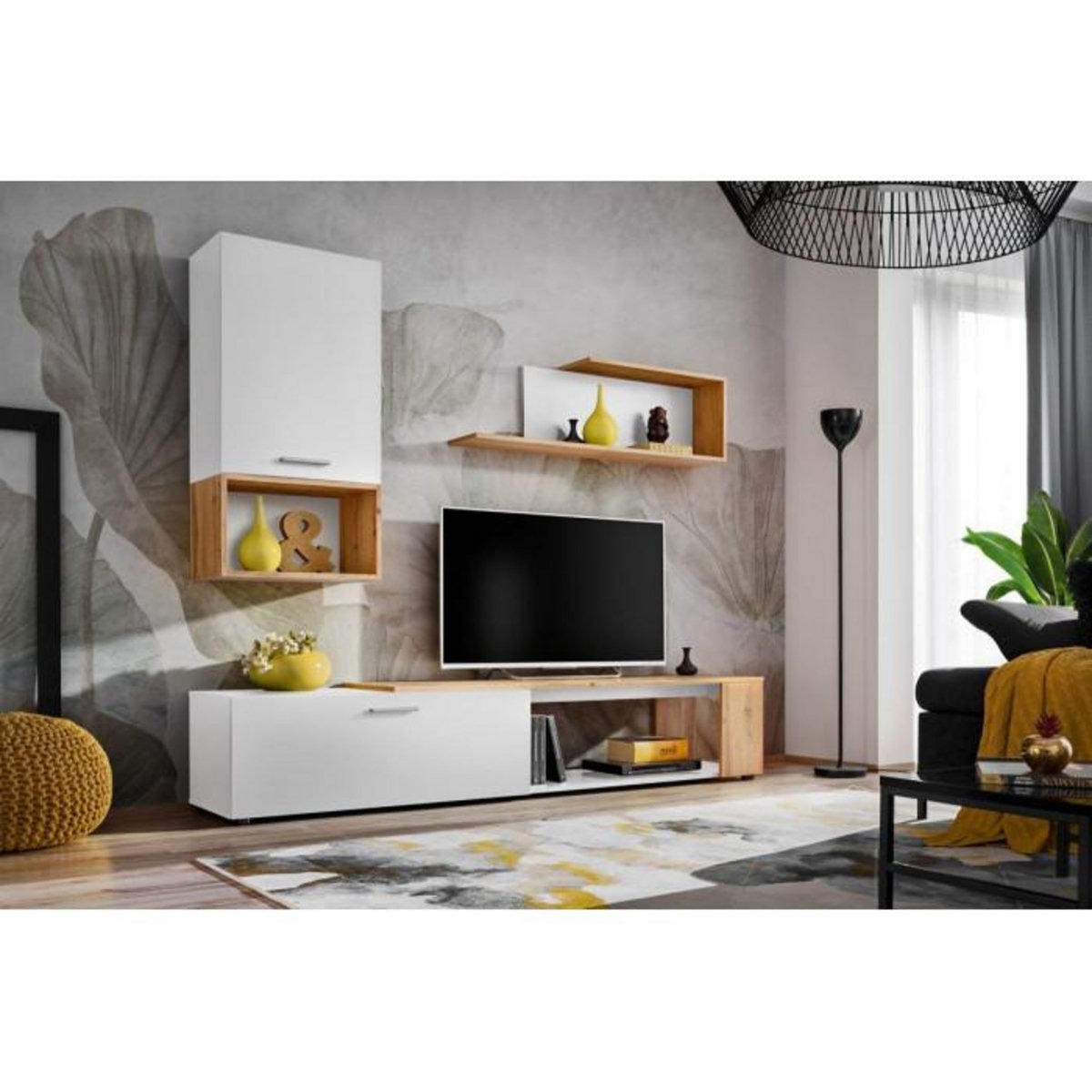 Paris Prix Ensemble Meuble TV Design  Maze II  200cm Blanc & Naturel