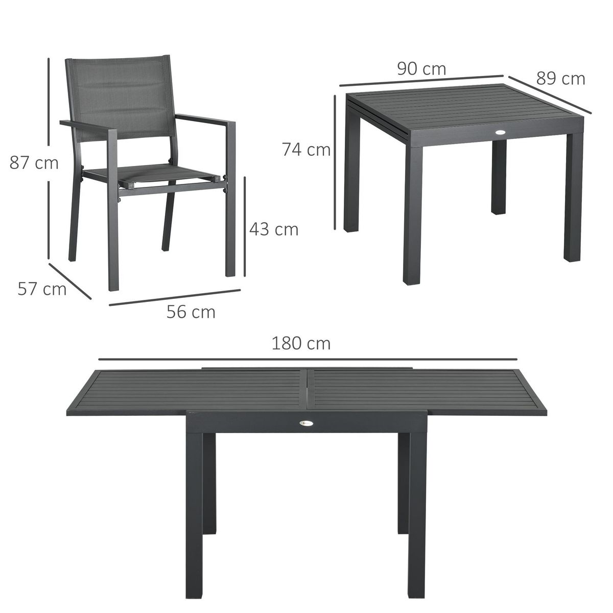 OUTSUNNY Ensemble de jardin 6 personnes chaises empilables table extensible 90/180L cm alu. textilène gris