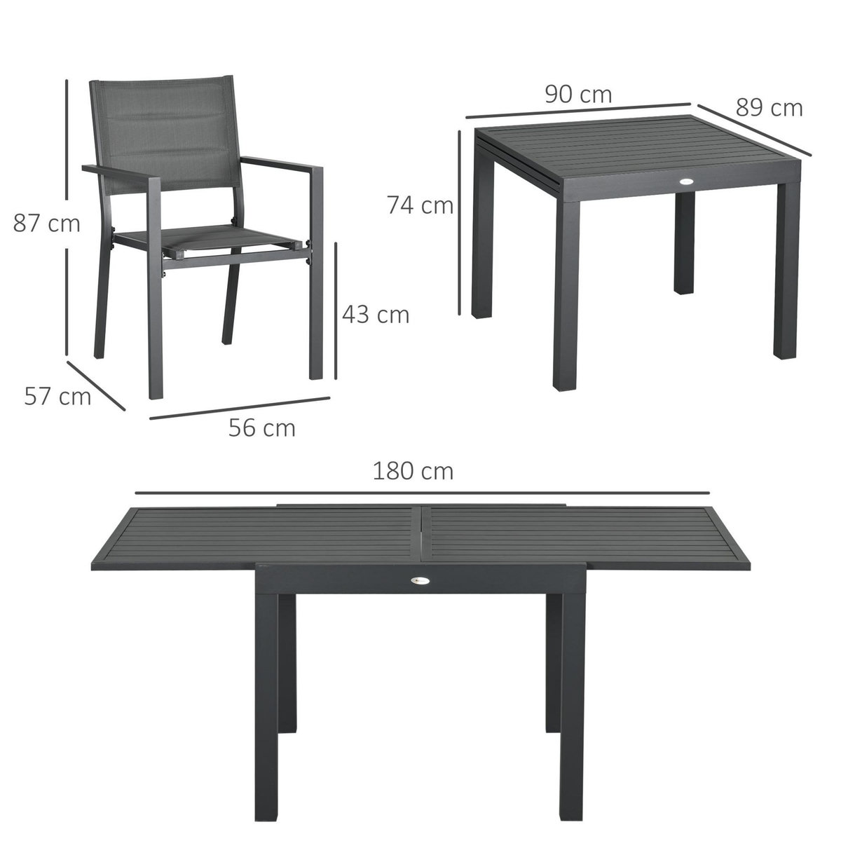 OUTSUNNY Ensemble de jardin 6 personnes chaises empilables table extensible 90/180L cm alu. textilène gris