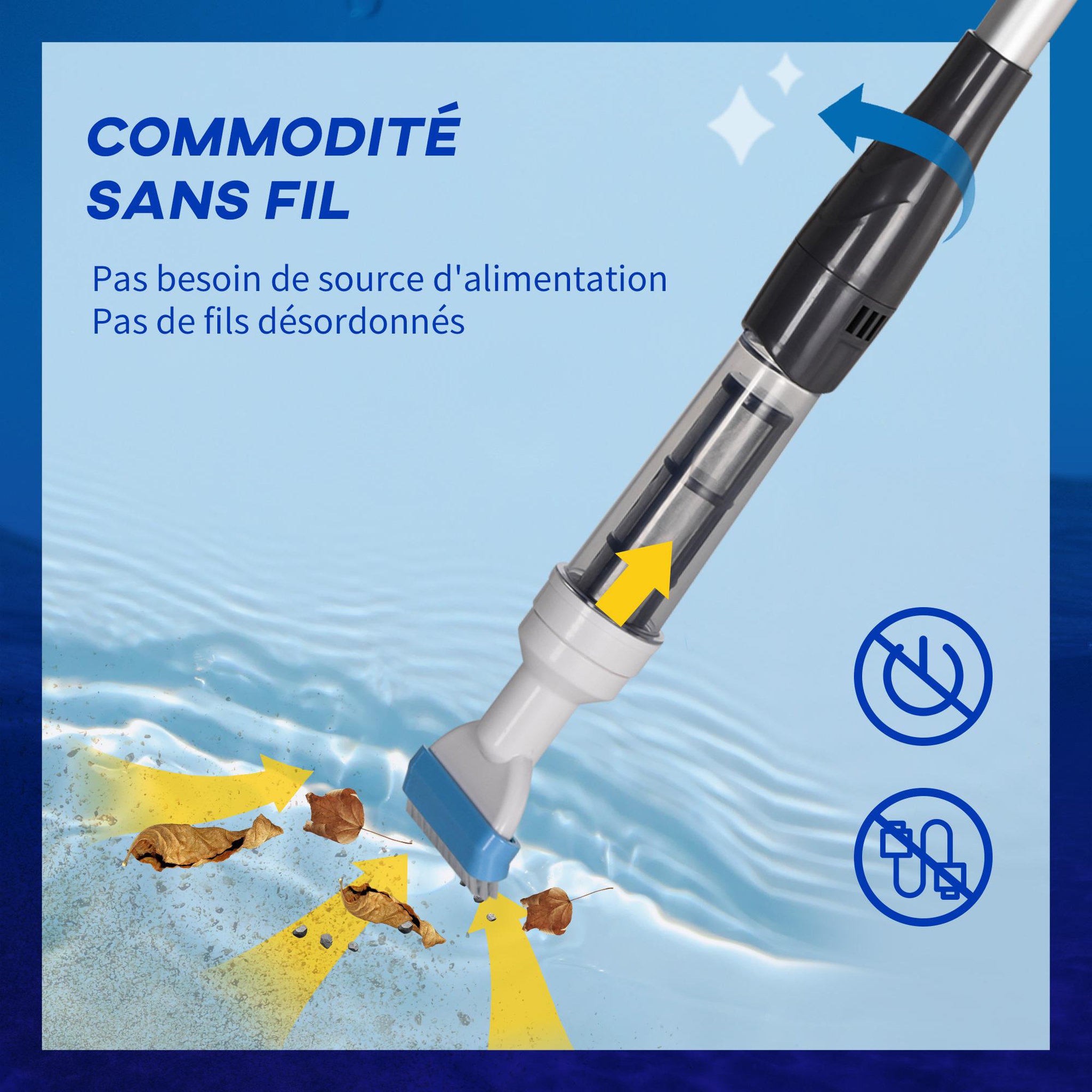 Voir la diapositive 4 : OUTSUNNY Aspirateur balai électrique sans fil piscine spa - manche télescopique 106-162 cm - brosse, sac filtrant - ABS alu. - blanc bleu