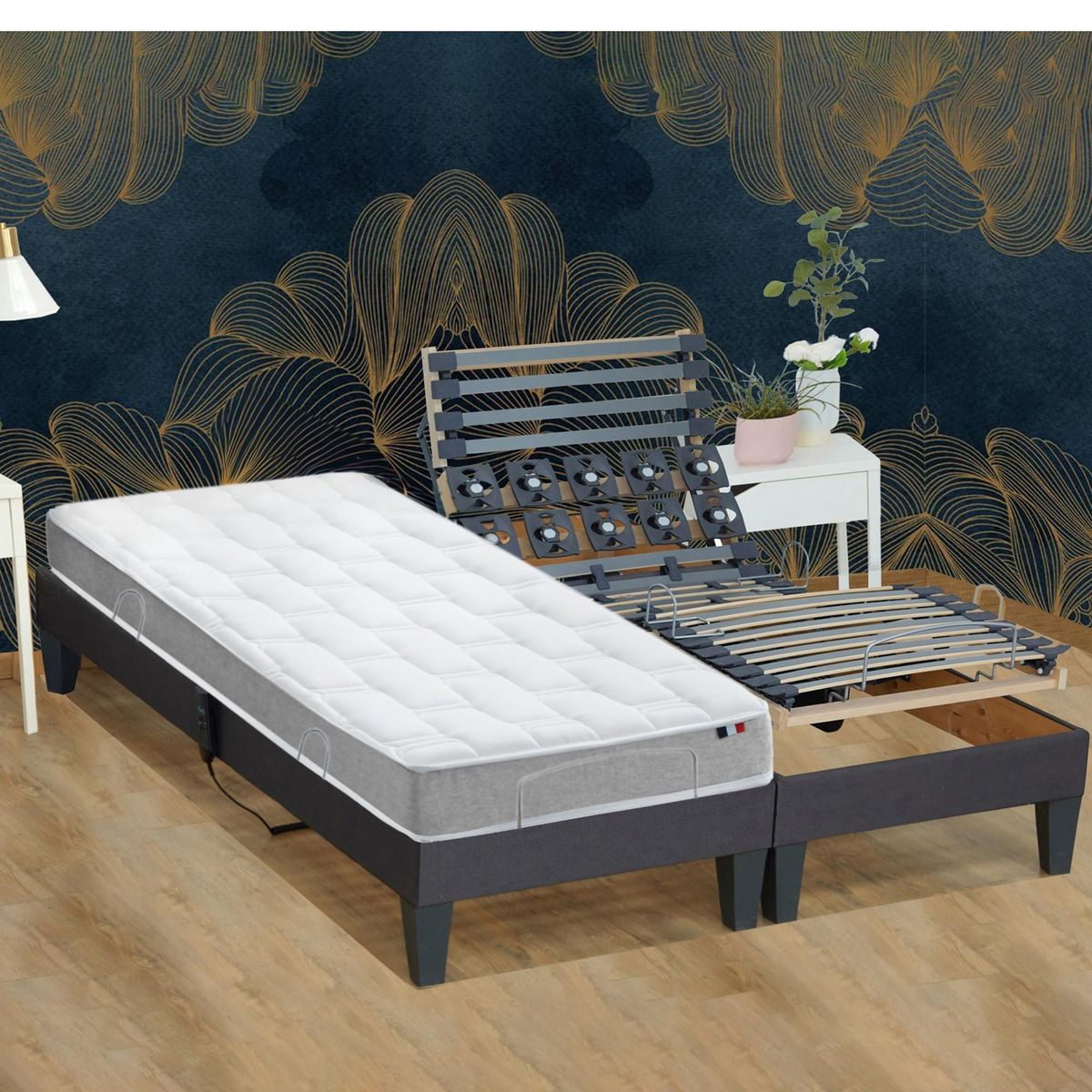 IDLITERIE Ensemble relaxation mémoire de forme + sommier avec réglage fermeté au niveau lombaire+Epaule - FABRICATION France