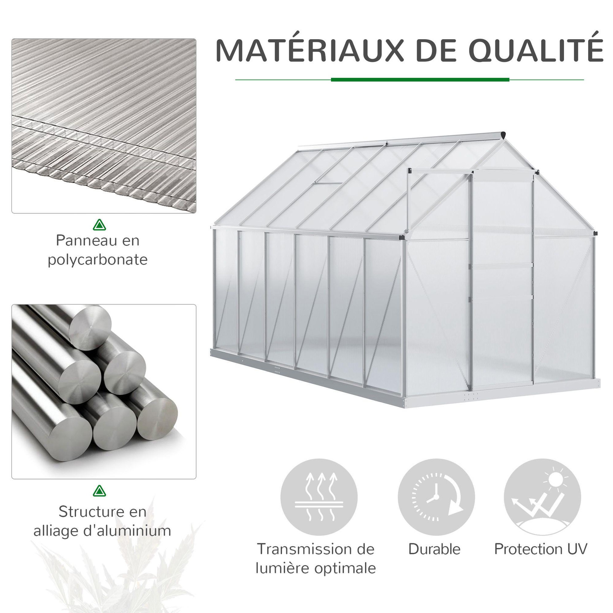 Voir la diapositive 4 : OUTSUNNY Serre de jardin aluminium polycarbonate 7,12 m² dim. 3,75l x 1,9l x 2h m lucarne réglable fondation porte coulissante