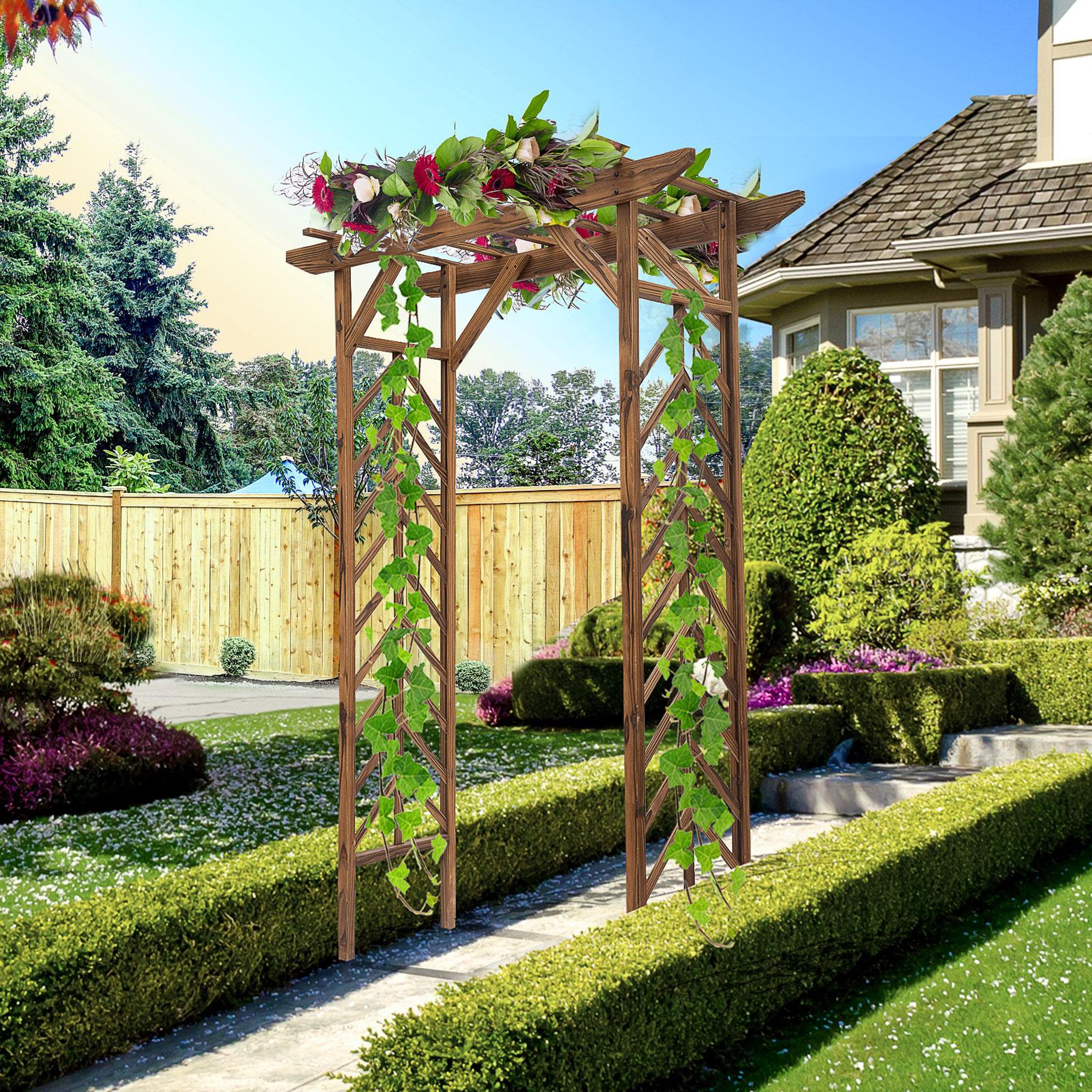 Voir la diapositive 2 : OUTSUNNY Arche de jardin arche à rosiers style exotique dim. 140L x 65l x 200H cm bois de sapin