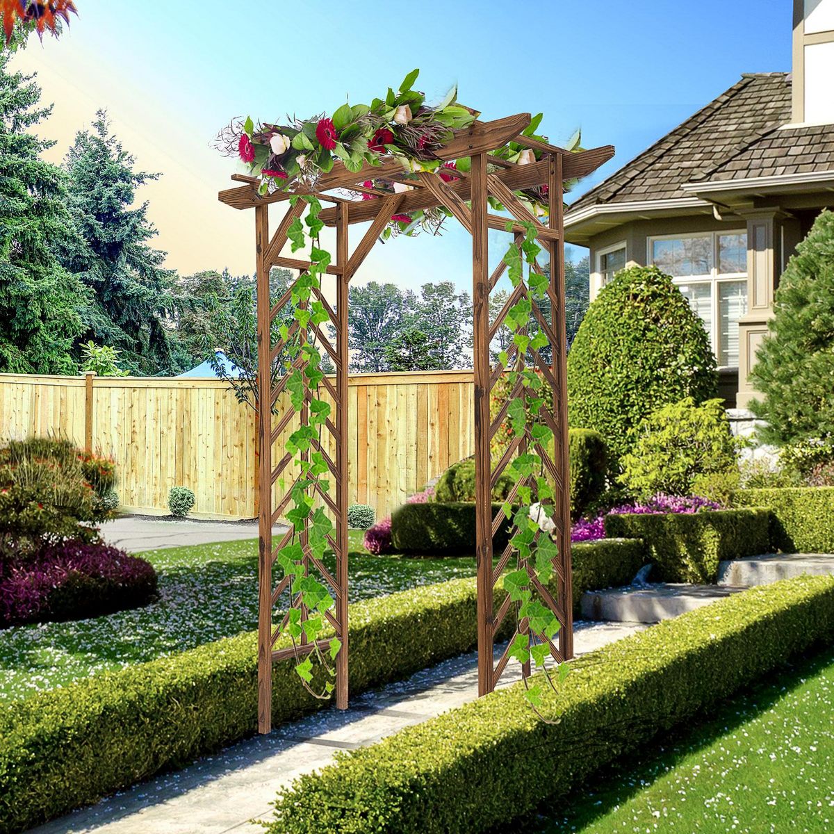 OUTSUNNY Arche de jardin arche à rosiers style exotique dim. 140L x 65l x 200H cm bois de sapin