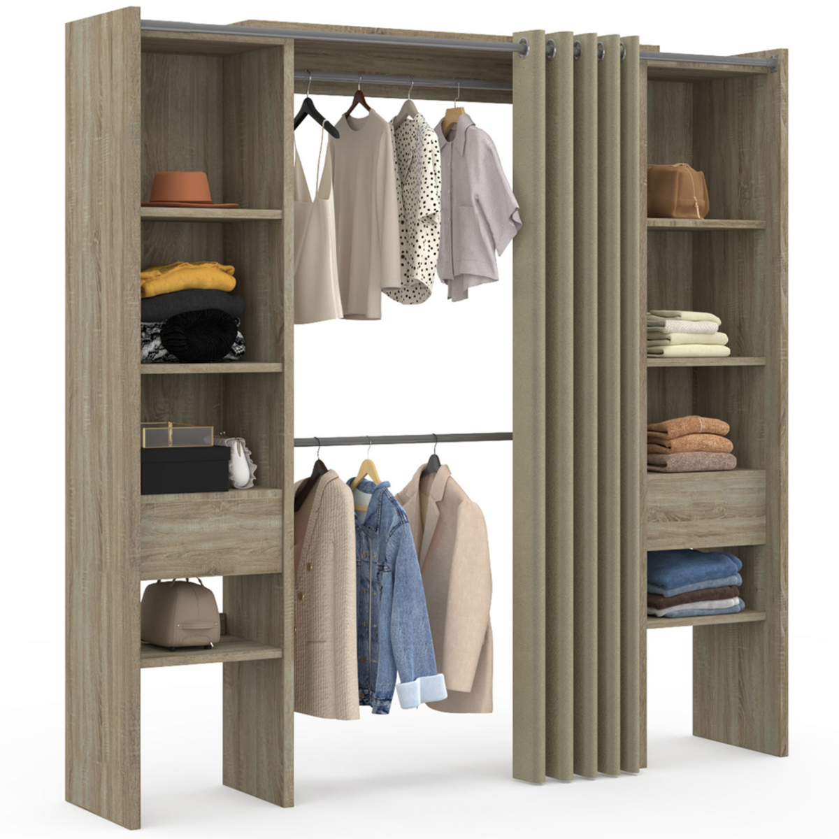 ID MARKET Dressing extensible double MERYL 120/180 x 50 x 180 cm hêtre avec étagères + double penderie + rideau taupe