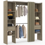 ID MARKET Dressing extensible double MERYL 120/180 x 50 x 180 cm hêtre avec étagères + double penderie + rideau taupe