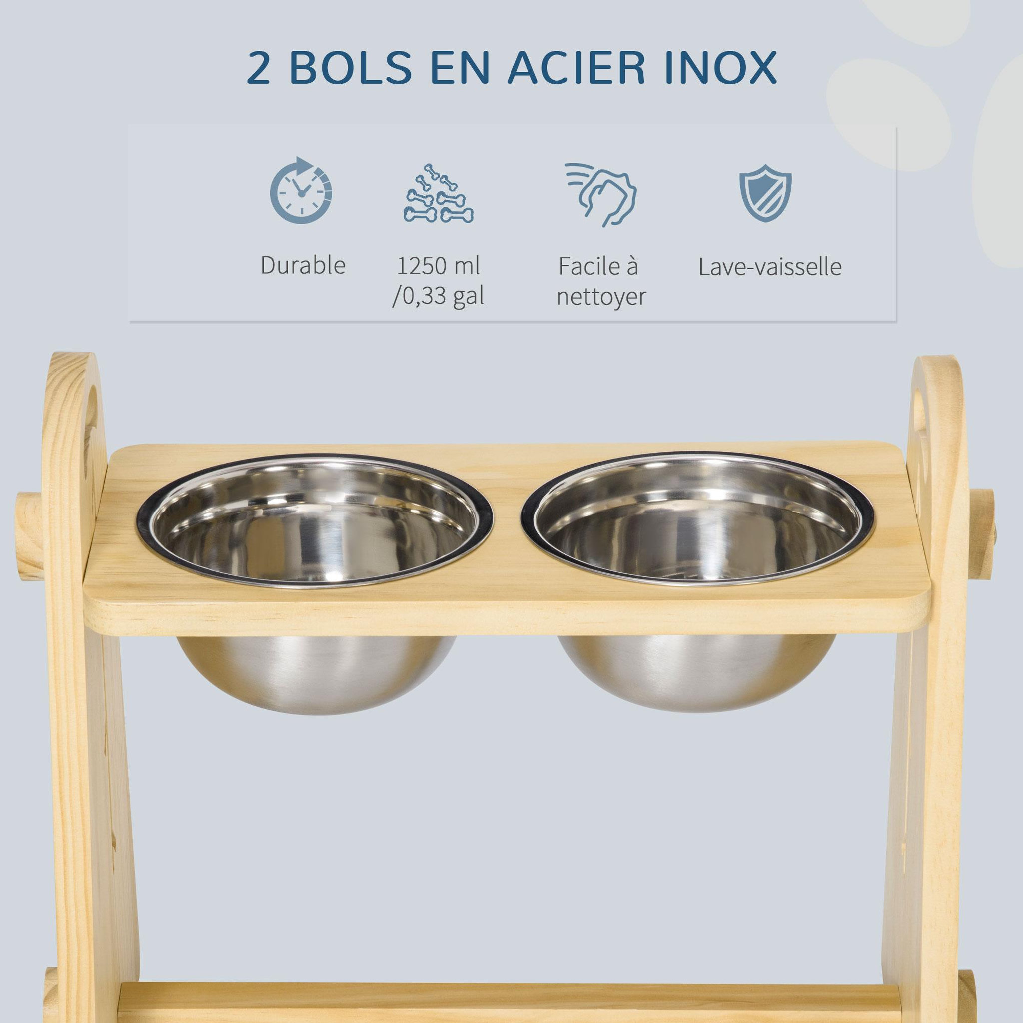 Voir la diapositive 5 : PAWHUT Gamelle double chien chat - porte-gamelles surélevé - hauteur, inclinaison réglables - 2 gamelles acier inox. incluses bois pin