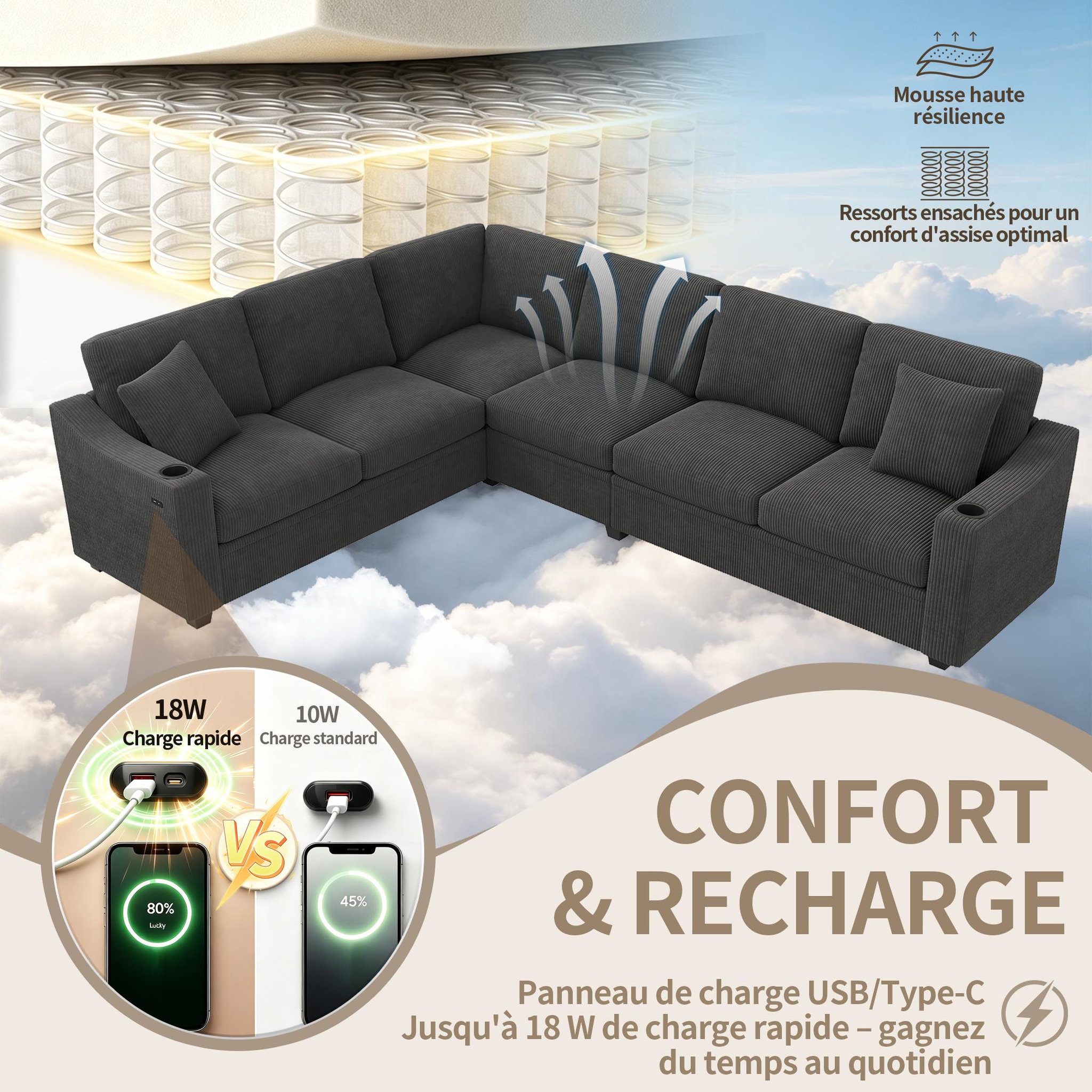 Voir la diapositive 5 : MERAX Canapé d'angle modulable 6 places avec usb type-c porte-gobelets tissu côtelé