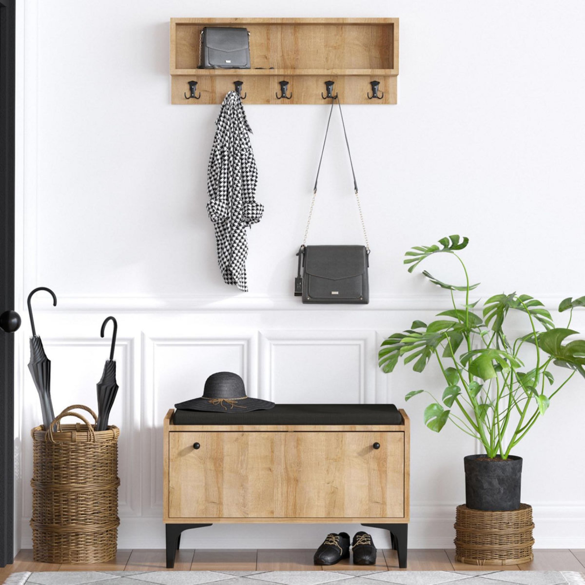 CONCEPT USINE Meuble d'entrée avec meuble à chaussures banquette et vestiaire mural en bois LUANA