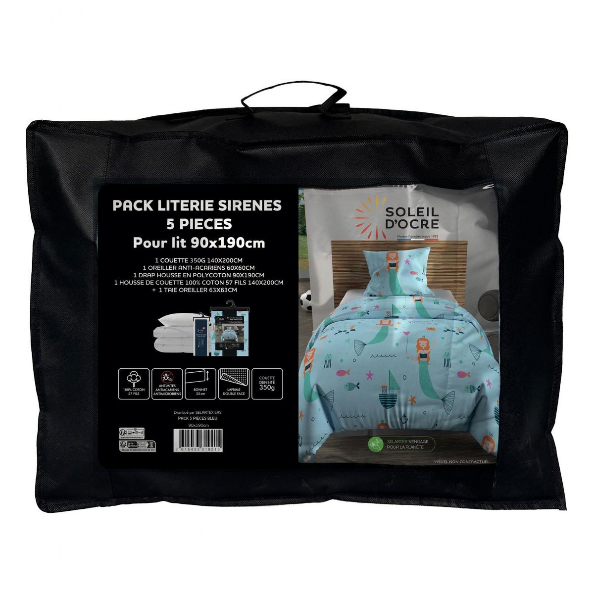 SOLEIL D'OCRE Ensemble couette et parure 5 Pièces SIRENE bleu pour lit en 90x190 cm, par Soleil d'ocre