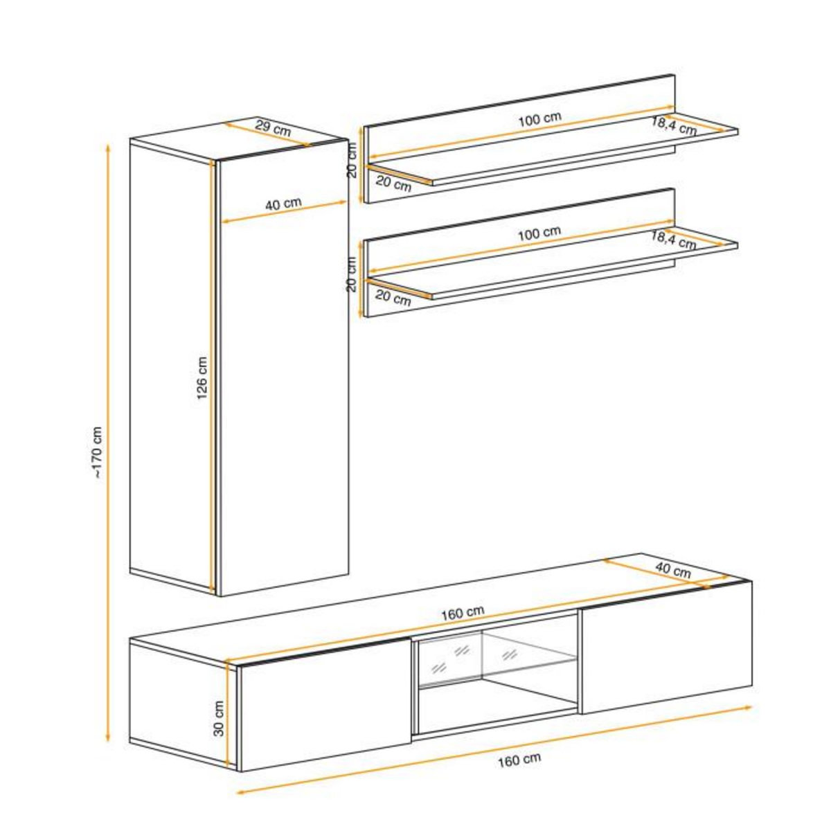 Paris Prix Meuble TV Mural Design  Fly XVIII  170cm Noir
